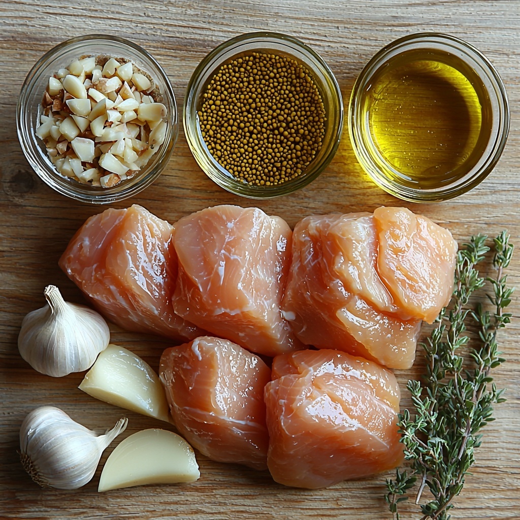 /Imagine a clean, light wooden surface with the main ingredients neatly arranged for a flat lay scene: four raw boneless skinless chicken breasts with a pale pink hue, three small glass bowls containing golden honey, vibrant whole grain mustard with visible mustard seeds, and smooth pale yellow Dijon mustard. A small drizzle of glossy olive oil in a clear glass bowl, two garlic cloves crushed and minced with textured papery skins nearby, and a small bunch of fresh green thyme sprigs adding a pop of natural color. Scattered coarse salt crystals glisten subtly on the surface. The arrangement is balanced with contrasting textures—the smooth chicken, sticky honey, grainy mustard seeds, and fresh herbs creating visual interest. Soft natural light from the side highlights the glossy shine of the honey and olive oil and the fresh freshness of the ingredients. Shadows are gentle, emphasizing depth without harshness. Overhead shot, top down view, flat lay photography, professional food styling --ar 1:1 --q 2 --s 750 --v 6.1