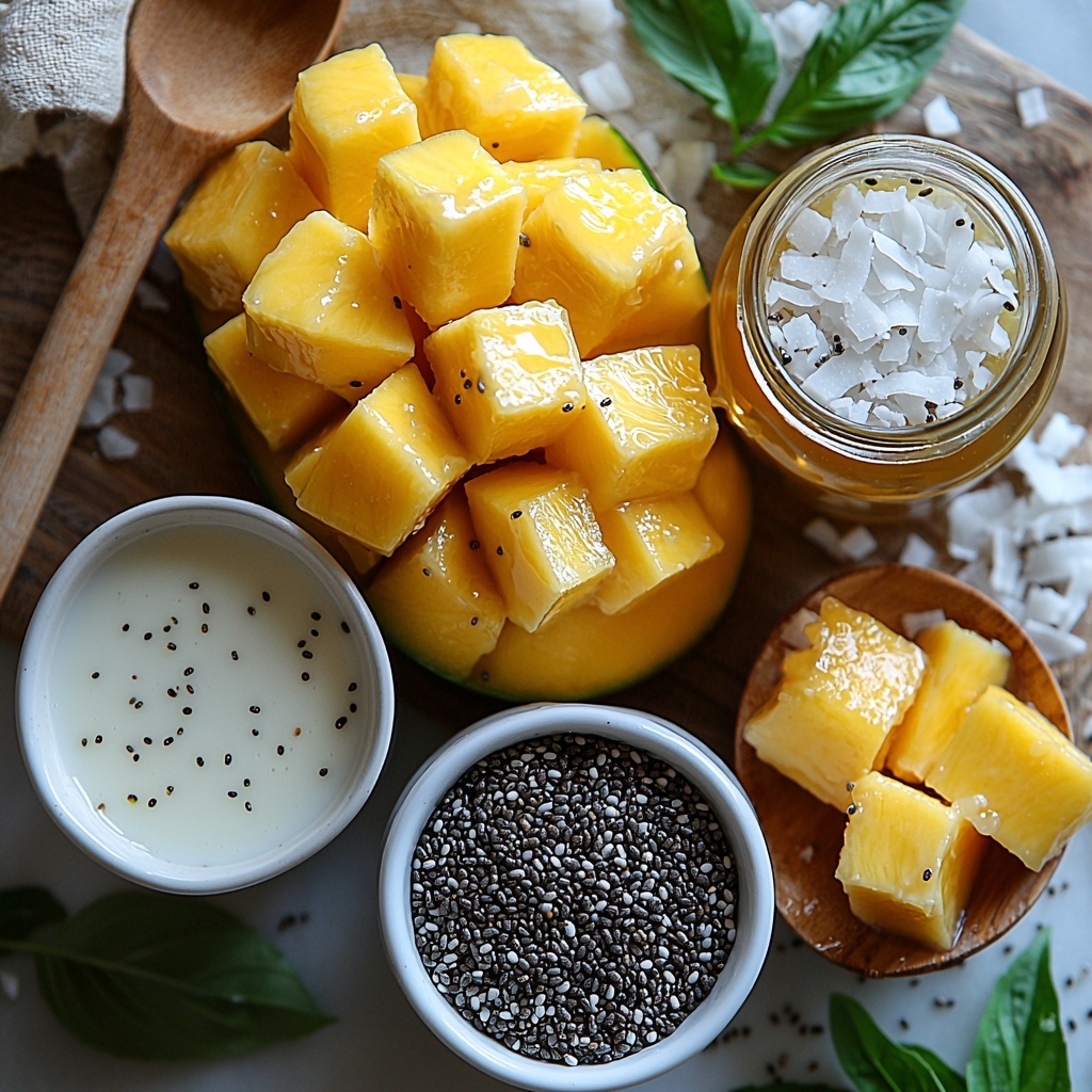 Chia seeds in a small white ceramic bowl, glossy and tiny black seeds with a slightly rough texture; a 14-ounce can of coconut milk with a clean label, smooth and creamy white liquid visible at the open top; a small glass jar of golden amber 100% real maple syrup glistening under soft light; a small white teaspoon holding pure vanilla extract, dark brown and glossy; a tiny dish with fine, crystalline sea salt, white and sparkling; a small white bowl filled with fluffy, off-white unsweetened coconut flakes, light and textured; a ripe mango diced into vibrant yellow-orange cubes, juicy and glossy with smooth skin pieces nearby; all ingredients artistically arranged on a spacious, clean matte white surface with soft natural window light casting gentle shadows, subtle green leaves scattered for color contrast, minimalistic props like a wooden spoon and linen napkin adding warmth and texture; crisp focus with balanced colors that emphasize freshness and natural tones, styled for an inviting and organic feel, overhead shot, top down view, flat lay photography, professional food styling --ar 1:1 --q 2 --s 750 --v 6.1