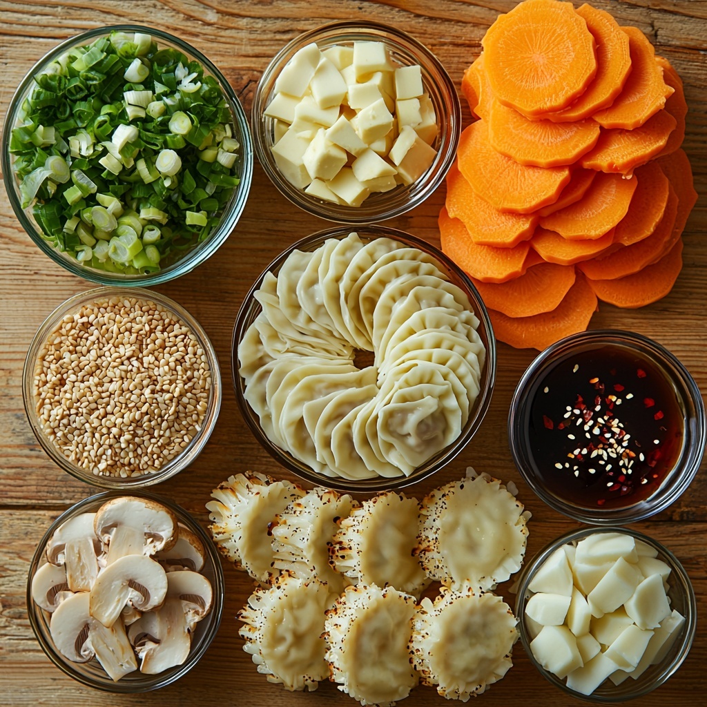 Vibrant, fresh ingredients for vegan baked dumplings arranged artfully on a clean, light wooden surface. A small glass bowl of golden sesame oil shines softly, nearby finely chopped pale green cabbage and bright orange grated carrot add colorful texture. A cluster of deep brown chopped mushrooms contrasts with thinly sliced vibrant green onions fanned out elegantly. Two peeled garlic cloves and a small pile of finely grated fresh ginger provide subtle cream and beige tones. A rustic ceramic dish holding rich dark soy sauce and a tiny bowl with glossy amber maple syrup add depth. Scattered red chili flakes and a small clear bowl of clear water for sealing dumplings add intrigue. A neat stack of round, delicate, off-white dumpling wrappers with faint flour dusting softens the composition. Natural soft daylight illuminates the scene, highlighting the crisp textures and fresh colors, with minimal shadows for a clean, inviting look. Overhead shot, top down view, flat lay photography, professional food styling --ar 1:1 --q 2 --s 750 --v 6.1