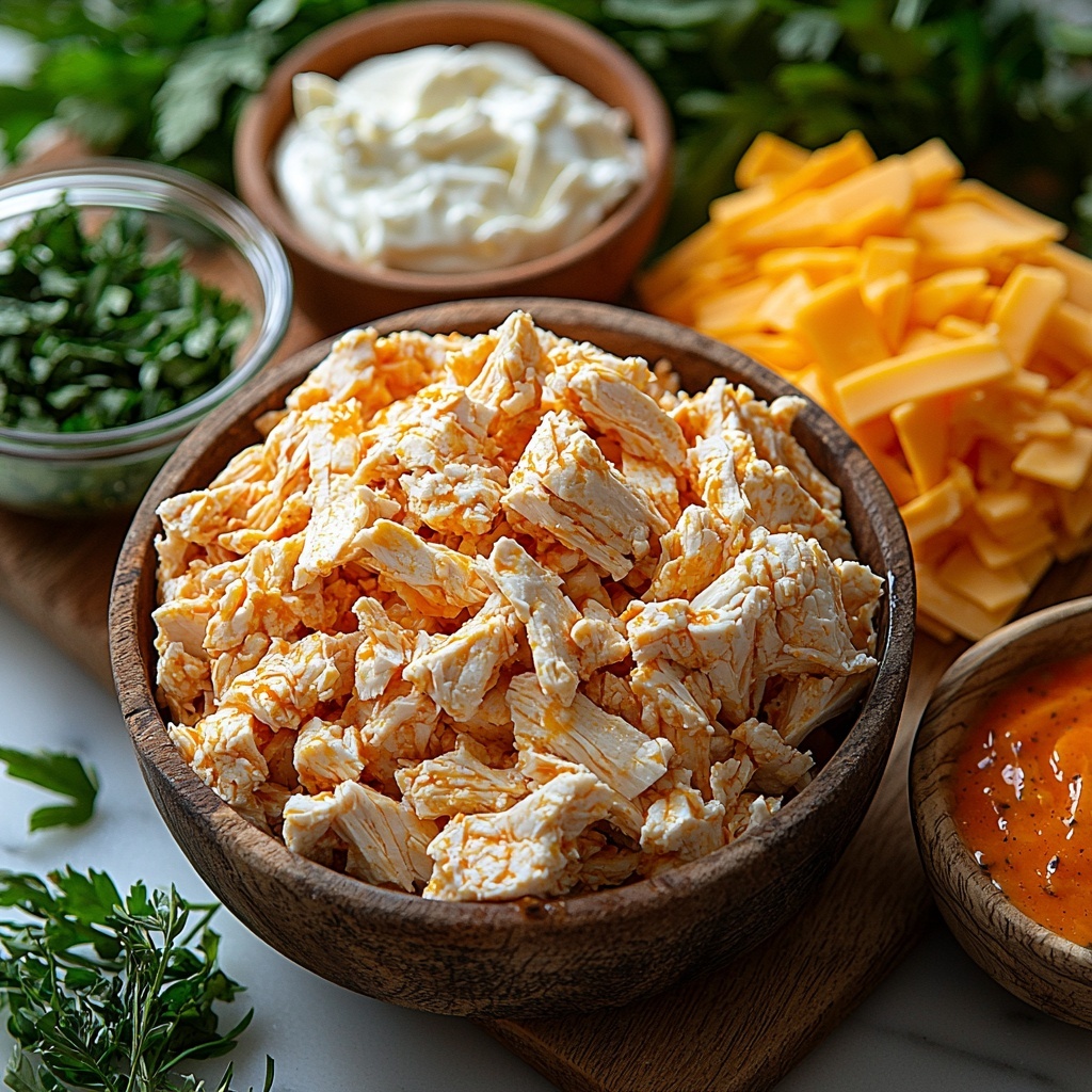 4 cups cooked shredded chicken breasts piled loosely in a small rustic bowl, next to a block of cream cheese at room temperature with a smooth, creamy surface partially sliced, a small glass bowl filled with bright orange-red buffalo sauce showing its glossy, spicy texture, another bowl holding creamy white ranch dressing with a slight sheen, a generous heap of shredded sharp cheddar cheese with vibrant golden-yellow and orange tones scattered artfully on a wooden cutting board. All ingredients are arranged neatly on a clean white marble surface with natural light highlighting the contrasting textures and colors. Include subtle shadows, a few fresh green herb sprigs for a pop of color, and minimalistic props like a small wooden spoon and linen napkin gently placed nearby for an inviting, warm kitchen feel. Overhead shot, top down view, flat lay photography, professional food styling --ar 1:1 --q 2 --s 750 --v 6.1