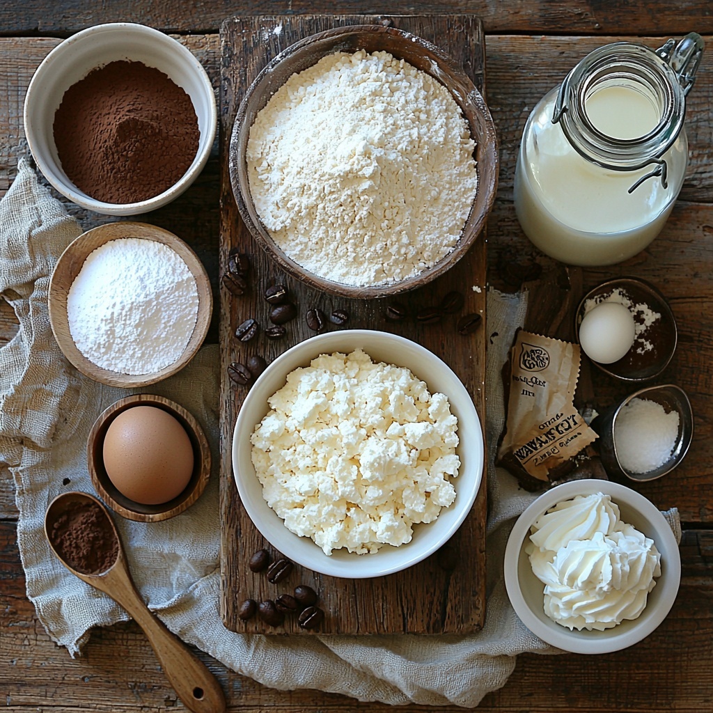 all-purpose flour in a small white ceramic bowl with a wooden scoop, fine white confectioners' sugar piled neatly on a rustic spoon, dark espresso powder in a tiny glass jar, baking soda and baking powder in small vintage measuring spoons, coarse salt crystals in a small dish, granulated white sugar in a clear glass bowl catching the light, a half-cup portion of softened unsalted butter on a wooden board showing its creamy texture, one large brown egg resting beside vanilla extract in a slender glass bottle with a minimalist label, soft white mascarpone cheese scooped into small rustic ceramic bowls, heavy cream in a small clear pitcher, confectioners' sugar dusted lightly on a linen napkin adding softness, cocoa powder artfully scattered on a small white plate for dusting — all items meticulously spaced on a clean, light wooden surface with natural daylight casting soft shadows, warm neutral tones enhancing textures, styled with minimal props like a linen cloth and vintage spoons for an inviting, cozy feel, overhead shot, top down view, flat lay photography, professional food styling --ar 1:1 --q 2 --s 750 --v 6.1