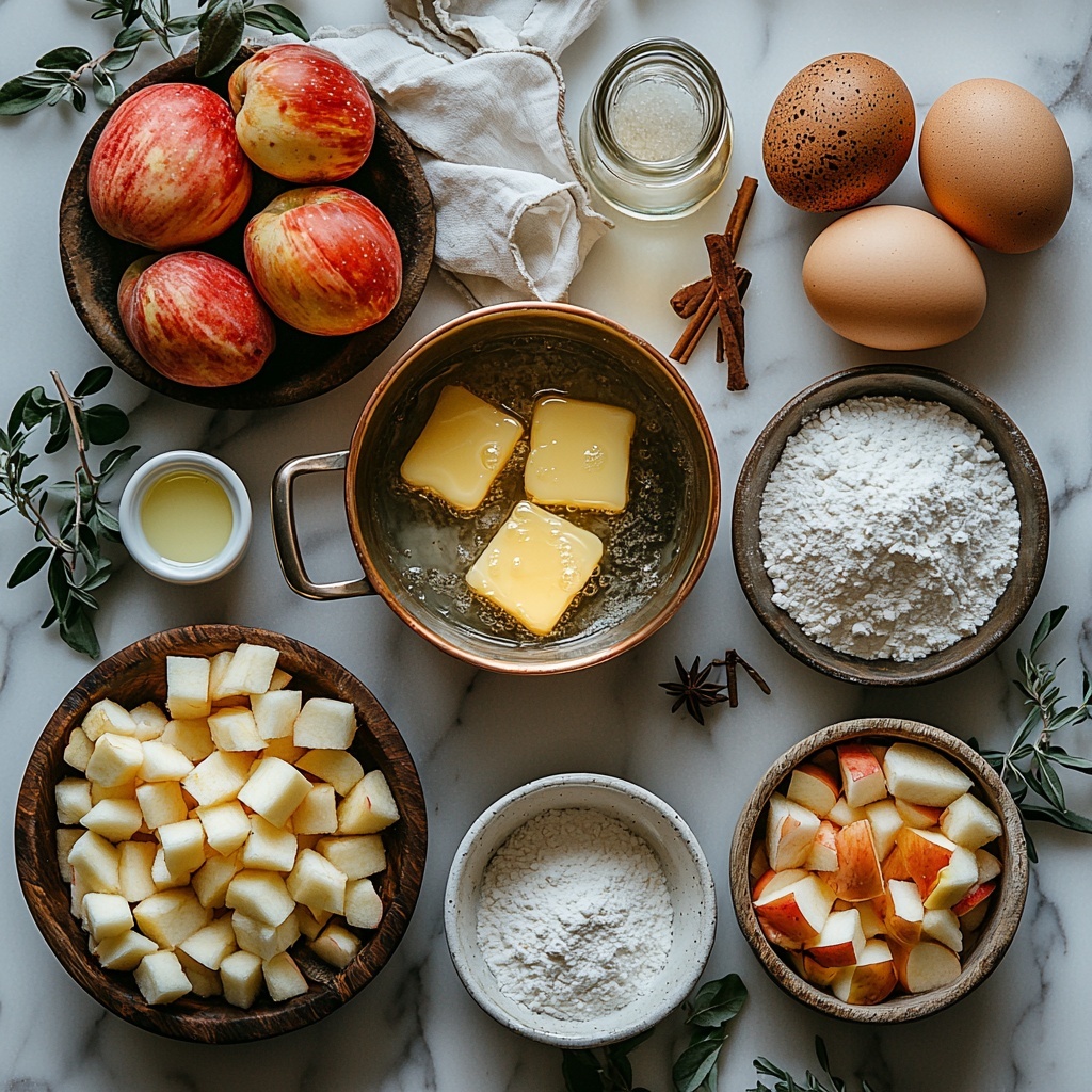 A clean white marble surface with a neat flat lay arrangement of ingredients for brown butter apple blondies: a small copper saucepan with golden browned butter sizzling inside, a glass bowl filled with white granulated sugar next to another with rich, dark brown sugar, two large fresh eggs gently cracked in a rustic ceramic bowl, a small glass jar of amber vanilla extract with a wooden honey dipper resting beside it, a crisp white ceramic bowl heaping with pale all-purpose flour dusted lightly around the edges, a small white ramekin holding fine baking powder, a tiny ceramic spoon with a pinch of salt, and a wooden bowl brimming with freshly peeled, diced Granny Smith and Honeycrisp apples, their green and red skins adding a pop of color. Soft natural lighting highlights the varied textures—the glossy sugar crystals, smooth eggshells, fluffy flour, velvety brown butter, and juicy apple pieces. Delicate linen napkins and a sprig of cinnamon complete the scene for an inviting, warm feel. overhead shot, top down view, flat lay photography, professional food styling --ar 1:1 --q 2 --s 750 --v 6.1