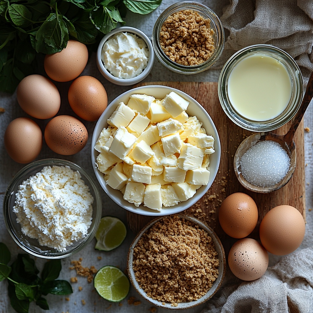 1 ½ cups graham cracker crumbs in a small white ceramic bowl showing their golden, sandy texture; ½ cup unsalted butter, melted, in a clear glass measuring cup with a subtle shine; 2 cups cream cheese softened, presented as a smooth, creamy white block on a rustic wooden board; 1 cup granulated sugar piled neatly in a small glass jar, sparkling crystals catching soft light; 3 large eggs with smooth brown shells arranged in a neat triangle; ½ cup vibrant green key lime juice in a small glass bowl reflecting freshness; 1 tablespoon finely grated key lime zest bright green, sprinkled artistically on a white porcelain spoon; 1 teaspoon vanilla extract in a small amber glass bottle with a minimalist label; all ingredients laid out on a clean, light grey textured surface with natural soft daylight casting gentle shadows, subtle greenery and a linen napkin artfully placed nearby for contrast, styled with minimalistic, elegant props to emphasize freshness and texture, overhead shot, top down view, flat lay photography, professional food styling --ar 1:1 --q 2 --s 750 --v 6.1