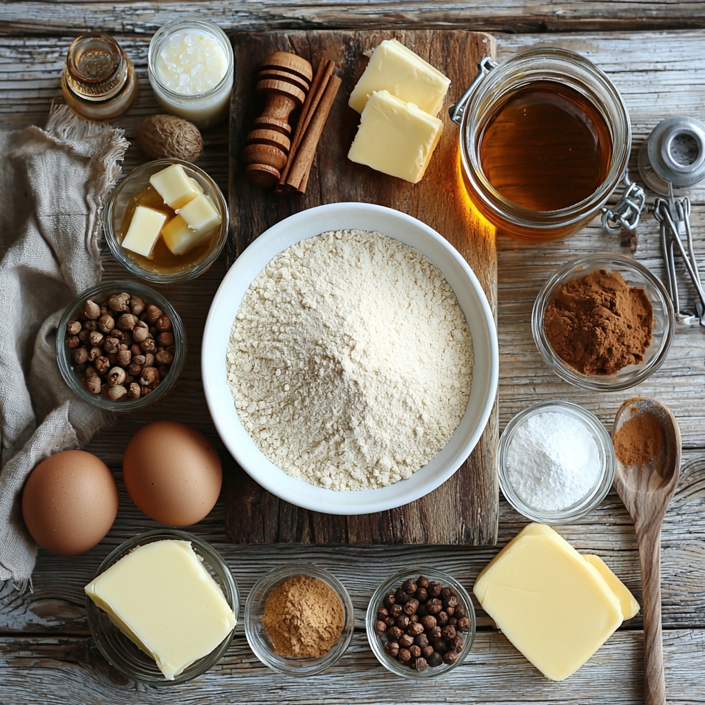 flour in a white ceramic bowl with a dusting of flour around it, small glass bowls containing ground cinnamon, ground ginger, nutmeg, ground cloves, baking soda, and salt arranged neatly in a semi-circle, a jar of dark amber molasses with a wooden honey dipper resting beside it, a stick of unsalted butter partially unwrapped on a parchment paper square, a small heap of granulated sugar crystals glistening on the surface, a smooth swirl of golden applesauce in a small clear glass bowl, a single large brown egg, a small glass dish of vanilla extract with a delicate drop visible on the rim, a small clear bowl of golden vegetable oil, a glass of creamy whole milk with slight condensation, a block of cream cheese on a rustic wooden board, room temperature unsalted butter softened and slightly whipped on a white plate, pure maple syrup in a small pourer with rich amber hues, a mound of powdered sugar on a white ceramic plate with fine powder dusted lightly around it, all ingredients arranged on a clean, light wooden surface with soft natural light casting gentle shadows, minimalistic props include a linen napkin in neutral tones and a vintage silver spoon, textures ranging from smooth and creamy to powdery and granular clearly visible, intentionally spaced to create balance and harmony, overhead shot, top down view, flat lay photography, professional food styling --ar 1:1 --q 2 --s 750 --v 6.1