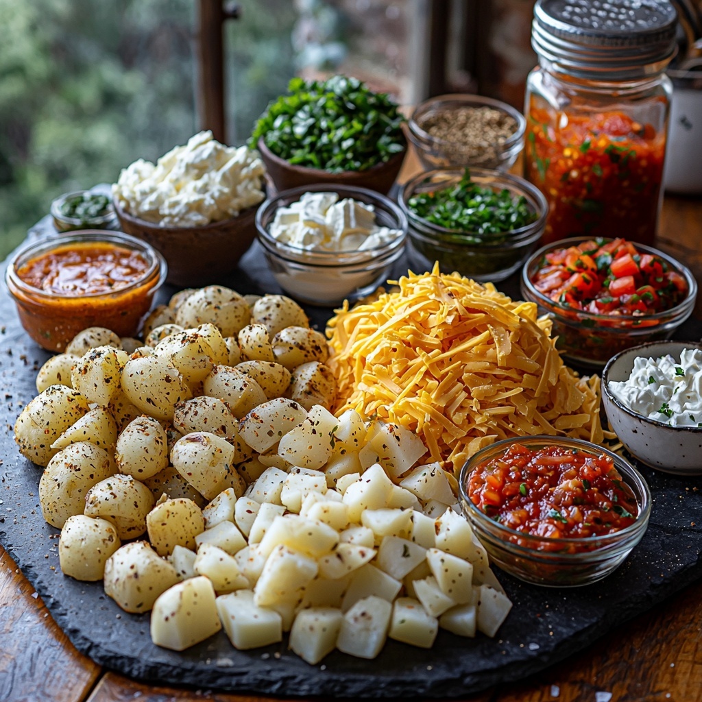 4 medium peeled and chopped potatoes with smooth, creamy white flesh and some rustic potato skins nearby, a heap of shredded sharp yellow cheddar cheese with soft, stringy texture, a small clear bowl of golden olive oil gleaming under soft light, finely diced translucent white onions scattered neatly on a white ceramic plate, small piles of vibrant reddish-brown chili powder and pale beige garlic powder arranged in symmetrical mounds on a dark slate surface, coarse sea salt crystals and freshly cracked black peppercorns in tiny glass bowls, four large soft, pale beige flour tortillas fanned out in the background with their slightly textured surface visible, optional small bowls of smooth white sour cream, chunky red salsa with visible tomato seeds, and creamy green guacamole with hints of cilantro on the side; all ingredients thoughtfully spaced on a clean matte white surface with subtle natural light casting soft shadows, accented by a few fresh green herbs for a pop of color and visual balance, emphasizing texture contrasts and vibrant colors, minimalistic and inviting composition, overhead shot, top down view, flat lay photography, professional food styling --ar 1:1 --q 2 --s 750 --v 6.1