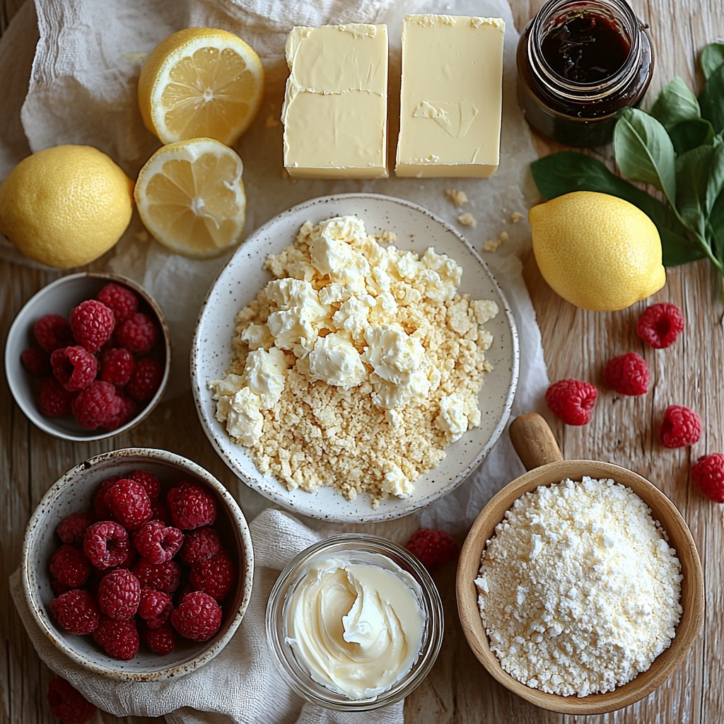 A clean, bright flat lay arrangement on a light wooden or white surface featuring the main ingredients for a lemon raspberry cheesecake: a small bowl of golden graham cracker crumbs, a measuring cup with melted golden butter, a small bowl of granulated white sugar, three blocks of creamy softened cream cheese in original packaging partially unwrapped, three large brown eggs, a small bowl of smooth white sour cream, a glass cup of fresh pale yellow lemon juice, thin strips of vibrant yellow lemon zest arranged artfully on a small white plate, a bottle or small jar of vanilla extract with a dark amber liquid visible, a small saucepan or bowl filled with bright red fresh raspberries alongside a spoonful of raspberry puree with visible seeds, and a small dish with extra lemon slices and fresh raspberries for garnish. The textures contrast from smooth cream cheese to coarse graham crumbs, juicy raspberries, and glossy melted butter. Soft natural light enhances the fresh colors and invites a summery, fresh feel. The composition is balanced with ingredients spaced evenly, showing variety and freshness, styled with minimal props like a linen napkin and wooden spoon to add warmth and authenticity. Overhead shot, top down view, flat lay photography, professional food styling --ar 1:1 --q 2 --s 750 --v 6.1