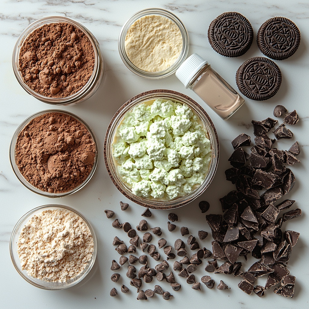 A clean white surface with all the main ingredients artfully arranged for a flat lay shot: an opened box of rich, fudgy brownie mix with some powder spilled slightly beside it, a small glass bowl filled with smooth, creamy instant vanilla pudding mix powder, a bowl of fluffy, white Cool Whip showing soft texture, a small vial or dropper bottle of vibrant green food coloring with a few drops spilled artistically on the surface, and a clear Ziploc bag partially filled with crushed Mint Oreos revealing dark chocolate cookie crumbs with bright green cream bits. The ingredients are spaced evenly with natural light highlighting the contrasting colors and textures—the deep brown of the brownie mix, the pale vanilla pudding powder, the bright white Cool Whip fluffiness, the vivid green drops of food coloring, and the speckled crushed cookies. Minimal shadows, fresh and clean styling with a modern, inviting feel, subtle reflections on the surface to add depth, shot with sharp focus. Overhead shot, top down view, flat lay photography, professional food styling --ar 1:1 --q 2 --s 750 --v 6.1