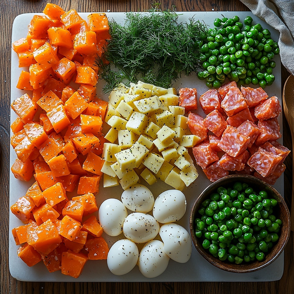Yukon potatoes boiled and diced into uniform cubes, bright orange boiled carrots diced similarly, hard-boiled eggs chopped and one egg sliced into neat rings, crisp green scallions diced finely, glossy green peas thawed and plump, dill pickles cut into small cubes with a slightly translucent texture, diced sausage chunks with a rich reddish-brown color, a bowl of creamy white mayonnaise beside a small pile of coarse kosher salt crystals; all ingredients carefully arranged on a clean white marble surface with soft natural lighting highlighting the varied textures and vibrant colors, slight shadows adding depth, minimalist styling with rustic wooden spoons and a linen napkin folded casually nearby, emphasizing freshness and homeliness, overhead shot, top down view, flat lay photography, professional food styling --ar 1:1 --q 2 --s 750 --v 6.1
