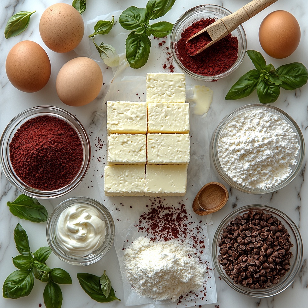 Decadent flat lay of all main ingredients for a red velvet cheesecake layer cake, arranged neatly on a clean white marble surface. Two packages of softened cream cheese in original packaging and smooth texture blocks on a small white ceramic plate; a small glass bowl with granulated sugar sparkling in soft light; two large brown eggs in natural shells placed beside an open carton; a translucent bowl of creamy sour cream with a slight sheen; a small clear glass bowl with warm golden vegetable oil; a rustic ceramic bowl holding rich red food coloring with glossy liquid; a neat pile of fine all-purpose flour with soft powdery texture on a piece of parchment; a shallow crock with cocoa powder, dark and velvety; a small heap of fine white powdered sugar; a wooden spoon gently dipped into white buttermilk reflecting light; teaspoons of vanilla extract and white vinegar in tiny glass bowls; a pinch of salt in a small ceramic spoon; and a wooden rolling pin nearby. The colors range from creamy whites, rich reds, dark browns, to natural earth tones with contrasting textures from smooth liquids to soft powders. Soft natural overhead lighting highlights the freshness and richness, subtle shadows add depth. Minimalist styling with a few green leaves for freshness, arranged with balanced spacing and clean lines. overhead shot, top down view, flat lay photography, professional food styling --ar 1:1 --q 2 --s 750 --v 6.1