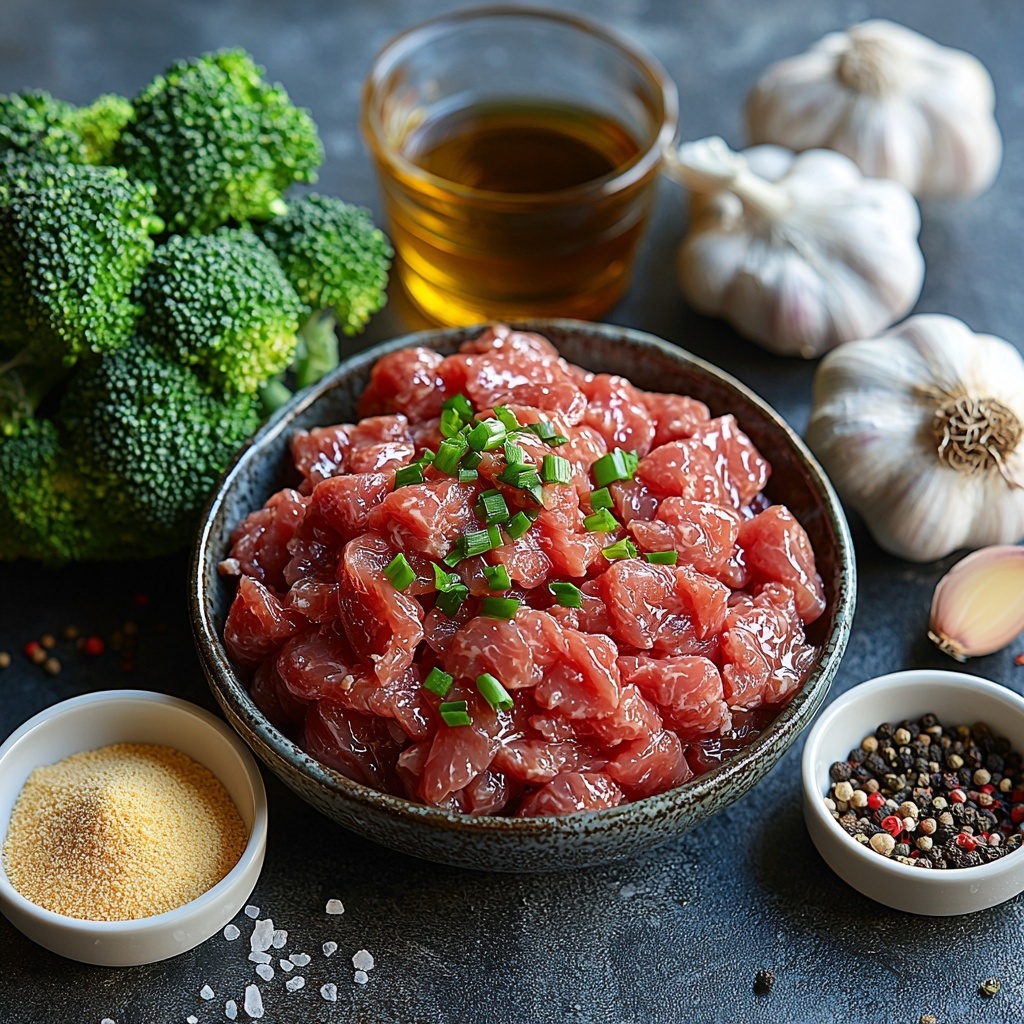 A clean, bright white surface with all main ingredients for ground beef and broccoli recipe carefully arranged in an aesthetically pleasing flat lay. Centerpiece a small bowl with glossy soy sauce and oyster sauce mixture, surrounded by fresh, vibrant green broccoli florets with textured, natural edges. Nearby, a neat pile of raw ground beef showing rich red color and marbled texture. Place thinly sliced translucent rings of medium onion and finely minced garlic and ginger in small white bowls or neatly scattered. Include a mound of pale yellow cornstarch powder on a rustic ceramic spoon. A small glass bowl with golden vegetable oil reflecting light. Arrange two whole garlic cloves and a small wedge of fresh ginger root with rough skin as natural props. Add a half cup clear beef broth in a transparent measuring cup. Scattered coarse salt crystals and whole peppercorns complete the composition. Soft natural light highlights the contrasting colors and textures, minimal shadows, slight overhead angle emphasizing arrangement harmony. Overhead shot, top down view, flat lay photography, professional food styling --ar 1:1 --q 2 --s 750 --v 6.1