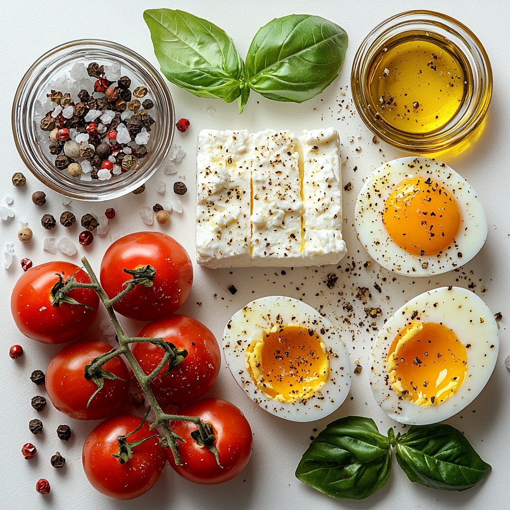 A clean, bright white surface neatly arranged with the main ingredients for Mediterranean Baked Feta Eggs: a block of crumbly white feta cheese placed centrally, surrounded by a vibrant cluster of shiny red cherry tomatoes with their green stems still attached, four large brown eggs cracked open in small clear glass bowls showcasing their glossy yolks and whites, a small glass bowl with golden olive oil glistening, a scattering of dried oregano flakes, coarse salt crystals, and freshly cracked black peppercorns artistically sprinkled around, and fresh bright green basil leaves fanned out for garnish. Natural soft lighting emphasizes the contrasting textures—the crumbly feta, smooth eggs, juicy tomatoes, and delicate basil—creating a fresh, inviting Mediterranean vibe. The ingredients are spaced thoughtfully with minimal props, enhancing the colors and textures while maintaining a clean, modern aesthetic. Overhead shot, top down view, flat lay photography, professional food styling --ar 1:1 --q 2 --s 750 --v 6.1