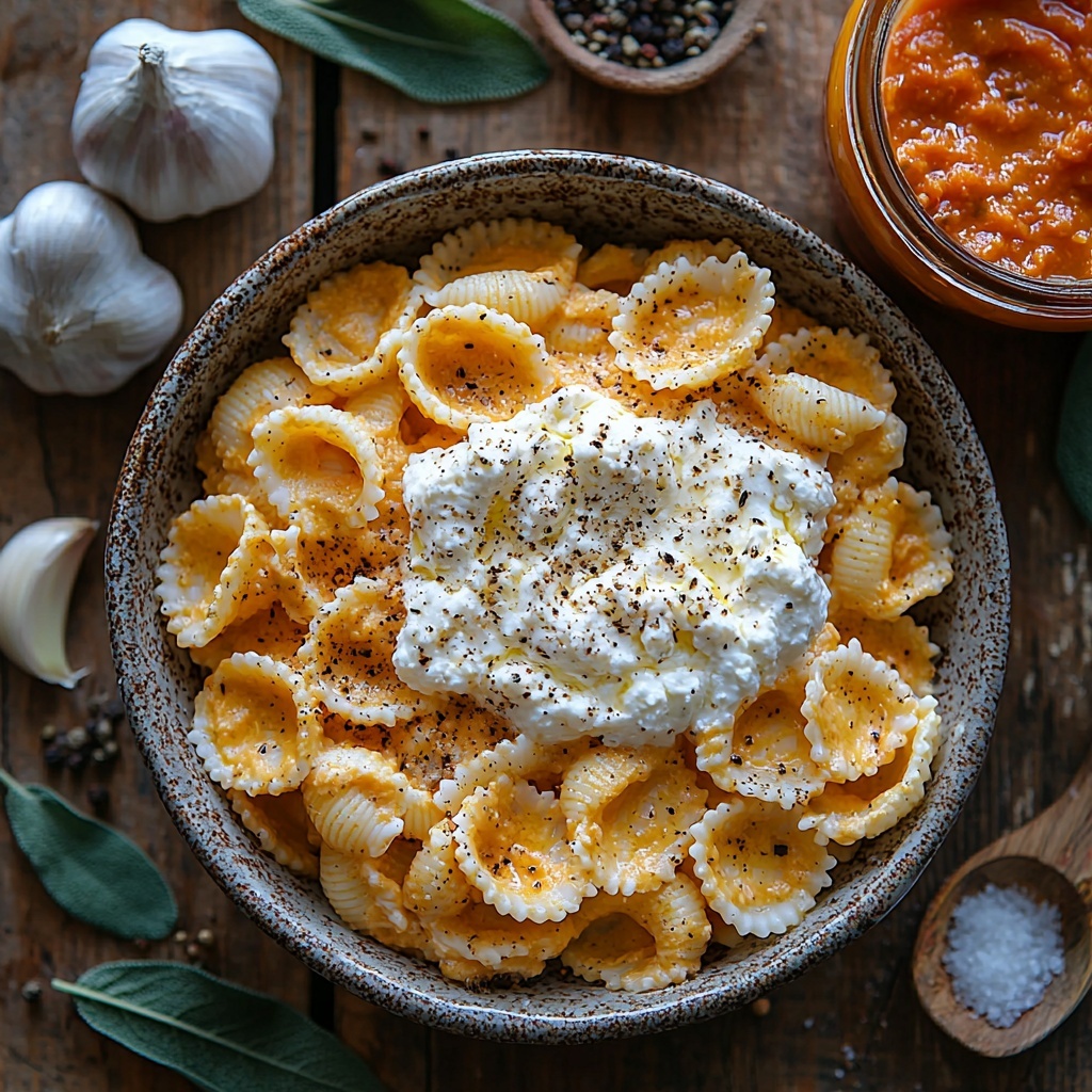Jumbo pasta shells scattered alongside a small bowl of smooth, bright orange pumpkin puree, a rustic ceramic bowl filled with creamy white whole milk ricotta cheese, a small mound of freshly grated pale yellow parmesan cheese, and a beaten large egg in a glass ramekin showing its rich golden yolk. Nearby, three cloves of garlic with papery skins, a small bunch of fresh sage leaves with vibrant green color, a tiny wooden spoon holding ground nutmeg and another with ground cinnamon, a pinch of coarse sea salt and cracked black pepper in small open dishes, and a clear jar of deep red marinara sauce with visible tomato chunks. The ingredients are neatly arranged on a clean, light wooden surface with natural soft daylight highlighting the textures—the smoothness of the ricotta, the rough grated parmesan, the glossy shells, and the fresh herbs. Sprigs of sage and a small vintage knife add rustic charm, with subtle shadows creating depth. Overhead shot, top down view, flat lay photography, professional food styling --ar 1:1 --q 2 --s 750 --v 6.1