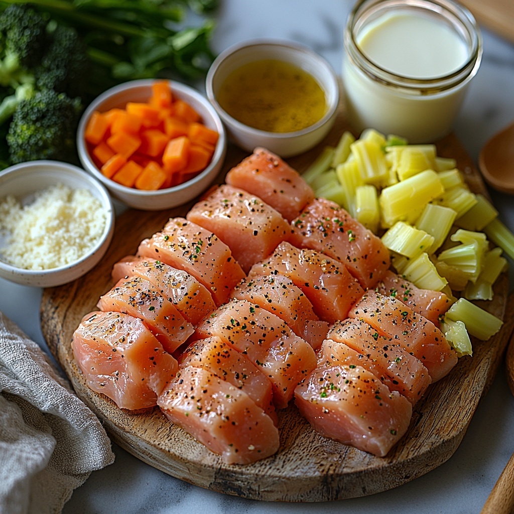 Boneless skinless chicken breasts halved, raw with a light pink hue and smooth texture, placed neatly on a white ceramic plate; small glass bowl of golden olive oil beside it; five tablespoons of salted butter in a rustic wood dish, soft and creamy pale yellow; diced yellow onion in a small white bowl, vibrant and translucent; diced bright orange carrot and diced crisp celery stalks arranged side by side on a natural linen cloth, showcasing fresh, clean edges; minced garlic cloves in a tiny clear glass dish, finely chopped and glistening; fresh chopped broccoli florets with rich emerald green color scattered on a wooden board; small bowls containing mixed seasoning with visible coarse salt crystals, cracked black pepper, garlic powder, onion powder, and herbes de Provence, each bowl showing distinct textures and earthy tones; a small white cup with pale beige all-purpose flour, powdery and light; a tall glass jug filled with clear golden chicken broth; a heavy cream jug with creamy off-white liquid inside; broken pieces of dry yellow lasagna sheets fanned neatly on a rustic wood surface; heap of grated Parmesan cheese, snowy white with fine granular texture, on a small stone plate. All ingredients arranged symmetrically with ample negative space on a clean light marble countertop, soft natural daylight illuminating with gentle shadows to emphasize texture and freshness, styled with minimal rustic props like a linen napkin and wooden spoons for a warm, inviting look. Overhead shot, top down view, flat lay photography, professional food styling --ar 1:1 --q 2 --s 750 --v 6.1