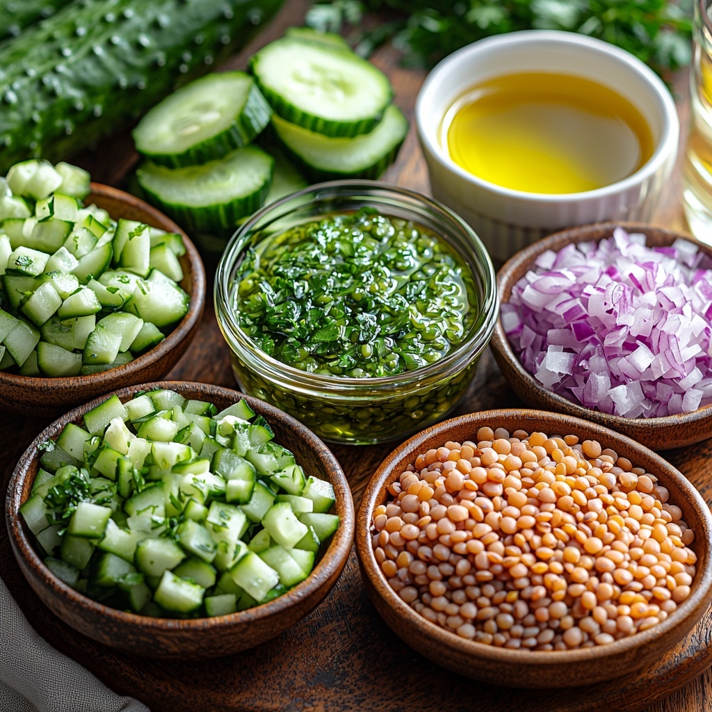 Dry green or brown lentils in a small rustic bowl, three cups of clear water or vegetable broth in a glass measuring cup, one large cucumber diced into vibrant green cubes arranged neatly on a white ceramic plate, finely chopped bright purple-red onion in a small white ramekin, fresh bright green parsley and mint or dill herbs loosely scattered and also in small bowls showcasing their delicate textures, small glass bowl with golden olive oil glistening under soft light, a small glass jar with pale yellow lemon juice, a tiny dish of creamy Dijon mustard, coarse salt crystals and cracked black peppercorns sprinkled artfully on the surface. All ingredients arranged orderly on a clean light wooden table with natural daylight casting soft shadows, subtle linen napkins for warmth, minimalistic styling emphasizing fresh colors and varied textures, space between each element to highlight individual ingredients and their freshness. Overhead shot, top down view, flat lay photography, professional food styling --ar 1:1 --q 2 --s 750 --v 6.1
