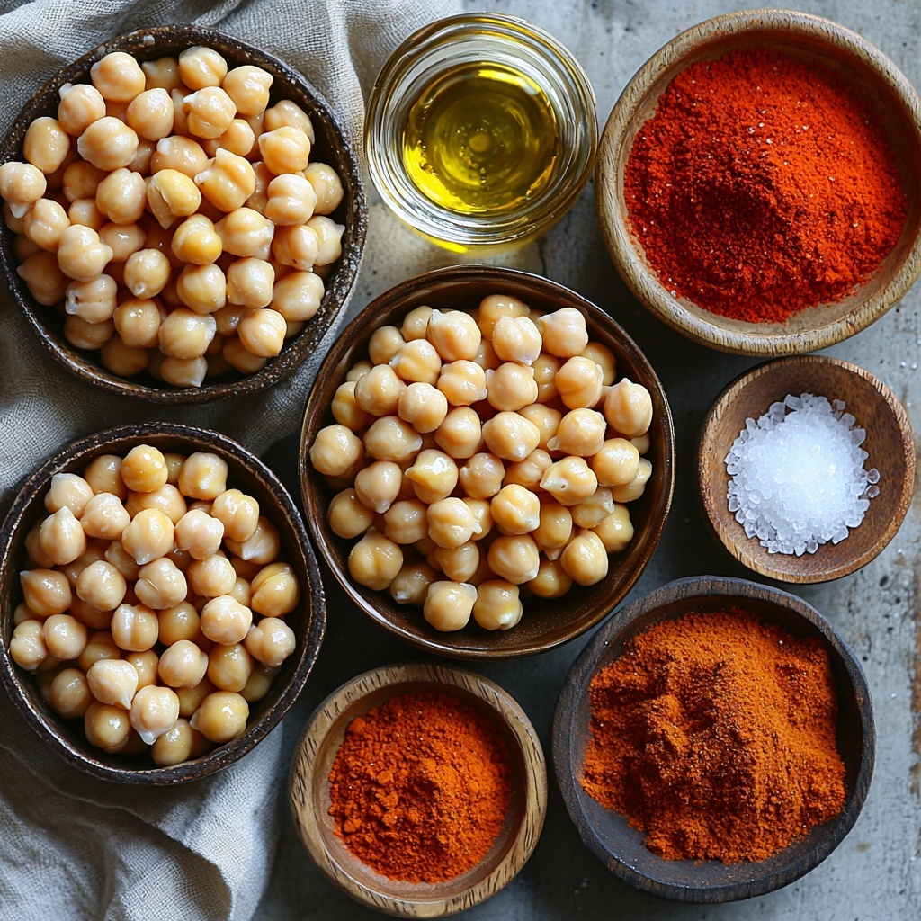 Clean, bright flat lay of main ingredients for chickpea waffles arranged on a smooth white surface: a shiny 15-oz can of drained and rinsed chickpeas, small rustic bowls containing vibrant smoked paprika powder (deep red), granulated garlic powder (off-white, grainy texture), fine white sugar, coarse sea salt crystals, and freshly ground black pepper (flecks of black and gray). A small clear glass dish with rich golden extra virgin olive oil glistening under soft natural light. The chickpeas are also scattered loosely on the surface, showcasing their round, beige, slightly textured skins. A folded neutral linen napkin and wooden measuring spoons add warm, natural textures to the composition. Soft shadows, natural window light, clean and minimal styling with emphasis on the varied textures and earthy warm tones of the spices and chickpeas. Overhead shot, top down view, flat lay photography, professional food styling --ar 1:1 --q 2 --s 750 --v 6.1