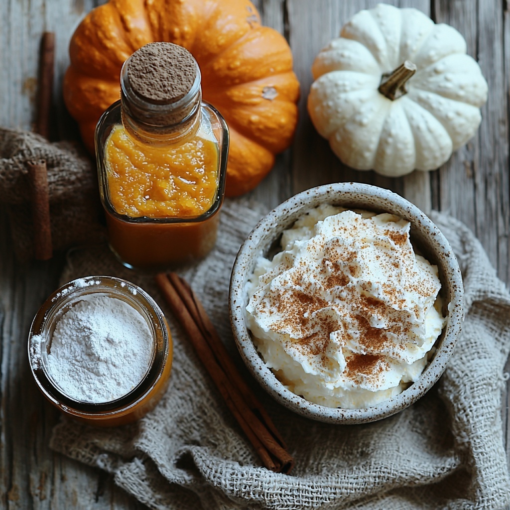 Softened cream cheese in a small white bowl, smooth and creamy texture, next to a rustic ceramic bowl filled with vibrant orange pumpkin puree, thick and velvety. Nearby, a small glass jar of powdered sugar with fine white powder spilling slightly onto the surface, next to a tiny wooden spoon dusted with warm brown pumpkin pie spice powder. A delicate glass bottle with amber-colored vanilla extract, light reflecting softly from the glass. Fluffy whipped topping presented in a textured white ramekin, airy and light, with soft peaks. All ingredients carefully arranged on a clean, light wooden surface with natural warm tones, accented with a linen napkin in soft cream color and subtle autumnal props such as cinnamon sticks and small pumpkins placed gently around to enhance seasonal vibe. The composition emphasizes contrasting textures and harmonious warm color palette of creams, oranges, and browns for an inviting, cozy feel. overhead shot, top down view, flat lay photography, professional food styling --ar 1:1 --q 2 --s 750 --v 6.1