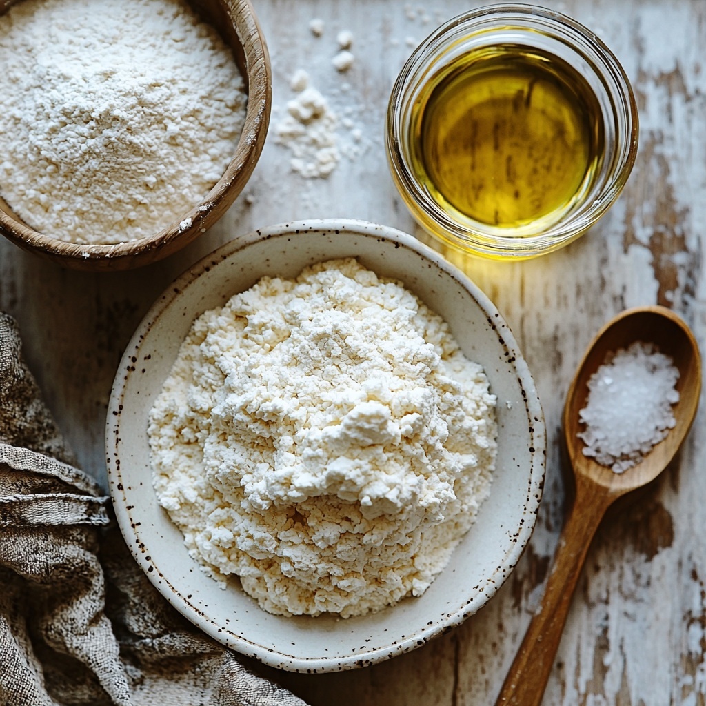 3 cups all-purpose flour in a neat mound on a white ceramic plate, beside a small glass bowl filled with creamy, bubbly active sourdough starter, a clear glass measuring cup with lukewarm water showing slight condensation, a small white dish holding coarse sea salt crystals glistening in soft natural light, and a small shallow bowl with golden olive oil shimmering under soft lighting, all arranged on a clean light wooden surface with subtle flour dusting around the flour mound, textures clearly visible—flour fine and powdery, sourdough starter smooth and bubbly, water clear and reflective, salt crystalline and sparkling, olive oil glossy and rich—styled with a rustic linen napkin partially folded in the frame and a wooden spoon resting nearby, minimal shadows, soft neutral background, overhead shot, top down view, flat lay photography, professional food styling --ar 1:1 --q 2 --s 750 --v 6.1