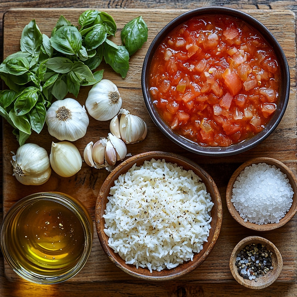 A clean, light wooden surface with the main ingredients for tomato rice soup artfully arranged: a small glass bowl of golden olive oil with its smooth, glossy texture; a medium onion finely chopped into small, translucent pieces beside the intact whole onion with its papery skin; three cloves of garlic both whole and minced showing their creamy white, slightly rough texture; a rustic can of crushed tomatoes, vibrant deep red with visible tomato chunks spilling into a small bowl; a clear glass measuring cup filled with rich, amber vegetable broth; a small bowl of fluffy, cooked white rice with soft grains; a tiny ceramic dish holding dried basil flakes, earthy green and textured; scattered crystals of salt and cracked black peppercorns in a small wooden spoon; a pinch of fine white sugar neatly placed on a wooden scoop; and fresh bright green parsley leaves with delicate textures arranged as garnish nearby. The ingredients are spaced evenly with subtle shadows, natural daylight illuminating colors and textures, styled minimally with soft linen napkin and light wood elements for a warm, inviting feel. Overhead shot, top down view, flat lay photography, professional food styling --ar 1:1 --q 2 --s 750 --v 6.1
