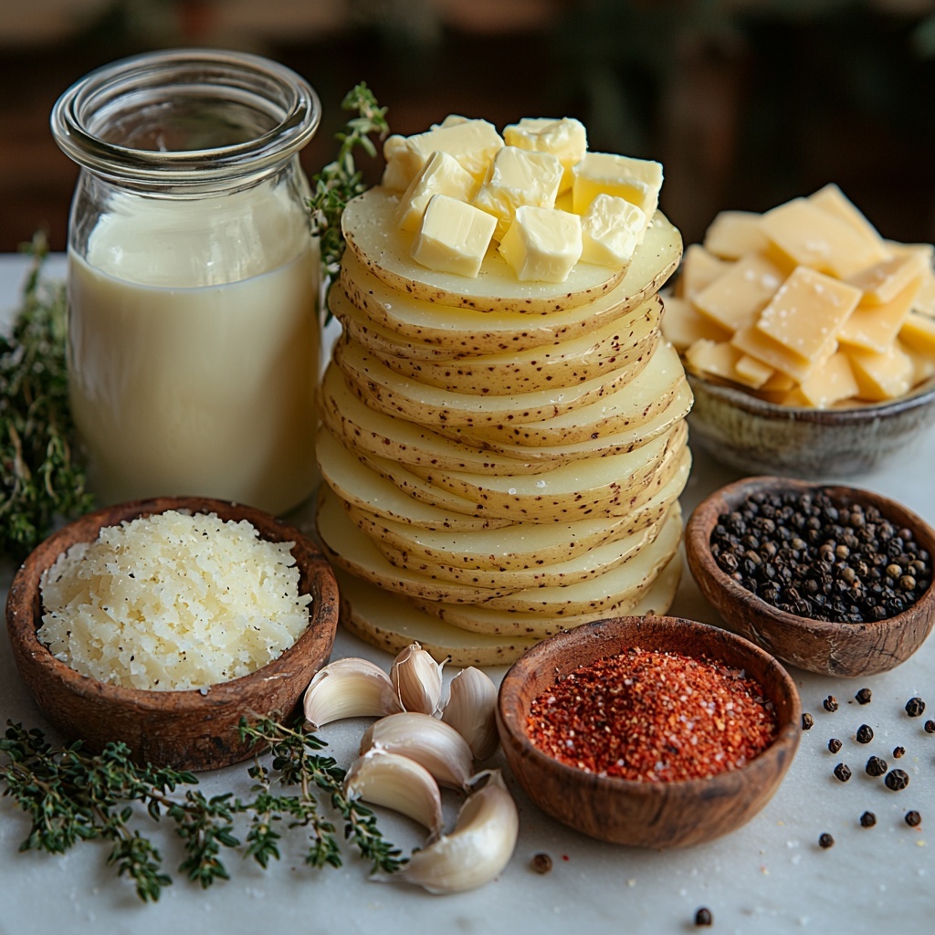 potatoes thinly sliced in neat stacks showing creamy yellow and pale white hues, small chunks of golden butter, peeled garlic cloves and minced garlic in a tiny dish, a glass jug of rich heavy cream, sprinkling of coarse salt crystals, black peppercorns scattered artfully, fresh green thyme sprigs alongside a small bowl of dried thyme, vibrant shredded sharp cheddar cheese mounded loosely with a rich orange color, grated pale Parmesan cheese in a rustic ceramic bowl, a small dish of bright red paprika powder adding a pop of color, all ingredients carefully spaced and arranged on a clean white marble surface with soft natural lighting highlighting the varied textures and colors, subtle shadows adding depth, a minimalist and airy styling emphasizing freshness and simplicity, overhead shot, top down view, flat lay photography, professional food styling --ar 1:1 --q 2 --s 750 --v 6.1