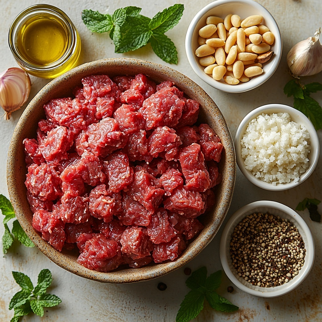 A clean white or light wooden surface with ingredients for Lebanese Kibbeh Spiced Meat neatly arranged in an organized flat lay style. 1 pound of raw lean ground beef or lamb displayed in a small ceramic bowl, rich red meat texture visible; next to it, a small white bowl with fine bulgur wheat soaked and drained, showing light tan grains with a slightly fluffy texture. A small mound of finely grated pale yellow onion on a rustic wooden spoon; tiny white ceramic dishes containing warm brown ground cinnamon, deep brown ground allspice, muted beige ground cumin, coarse black ground pepper, and fine white sea salt, each arranged in a neat line or semi-circle. A small glass bowl of golden olive oil reflecting soft light; near it, a tiny bowl with pale toasted pine nuts, some scattered subtly for natural effect. Fresh bright green chopped mint and parsley leaves placed gently on a delicate ceramic plate as optional garnishes. Soft natural daylight illuminating the setup, creating gentle shadows and emphasizing the varied textures—from the coarse bulgur grains, soft grated onion, smooth olive oil, to the rich meat. The overall palette balanced with earthy tones, natural off-whites, greens, and warm spices. Overhead shot, top down view, flat lay photography, professional food styling --ar 1:1 --q 2 --s 750 --v 6.1