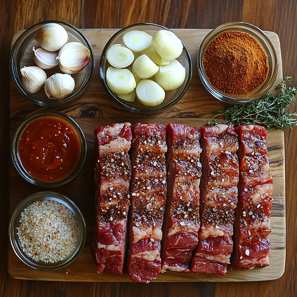 Medium yellow onion sliced into rings, four cloves of garlic coarsely chopped with papery skins partially peeled, small glass bowl of golden olive oil glistening under soft light, large raw brisket slab with deep red marbling and a dusting of chili powder and brown sugar spice rub, small ceramic bowls containing rich reddish-brown chili powder, warm dark brown packed brown sugar, fine white salt crystals, beige onion powder, and coarse black peppercorns, rustic bowl filled with glossy barbecue sauce and vibrant reddish-orange chili sauce side by side, all ingredients carefully spaced on a clean, light wooden surface with natural grain showing, subtle shadows creating depth, a sprig of fresh green herbs for contrast, minimalistic styling emphasizing natural colors and textures, overhead shot, top down view, flat lay photography, professional food styling --ar 1:1 --q 2 --s 750 --v 6.1