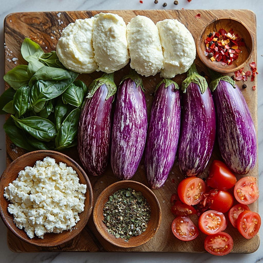 2 medium halved eggplants with smooth purple skin and creamy white flesh, small bowl of creamy white ricotta cheese, small pile of grated mozzarella cheese with soft, fine texture, small pile of grated Parmesan cheese with granular texture, two peeled garlic cloves finely minced on a wooden board, handful of fresh bright green chopped parsley leaves, fresh basil leaves vibrant green and chopped, small bowl of dried oregano with fine texture, handful of finely chopped bright red cherry tomatoes, small dish of golden olive oil glistening, sprinkling of coarse sea salt and cracked black peppercorns on a white ceramic spoon, optional small bowl of deep red crushed red pepper flakes—all ingredients carefully spaced and neatly arranged on a clean white marble surface with natural soft light casting gentle shadows, rustic wooden spoon resting nearby, slight herb sprigs adding fresh green contrast, clean and crisp styling emphasizing freshness and Mediterranean vibe, overhead shot, top down view, flat lay photography, professional food styling --ar 1:1 --q 2 --s 750 --v 6.1