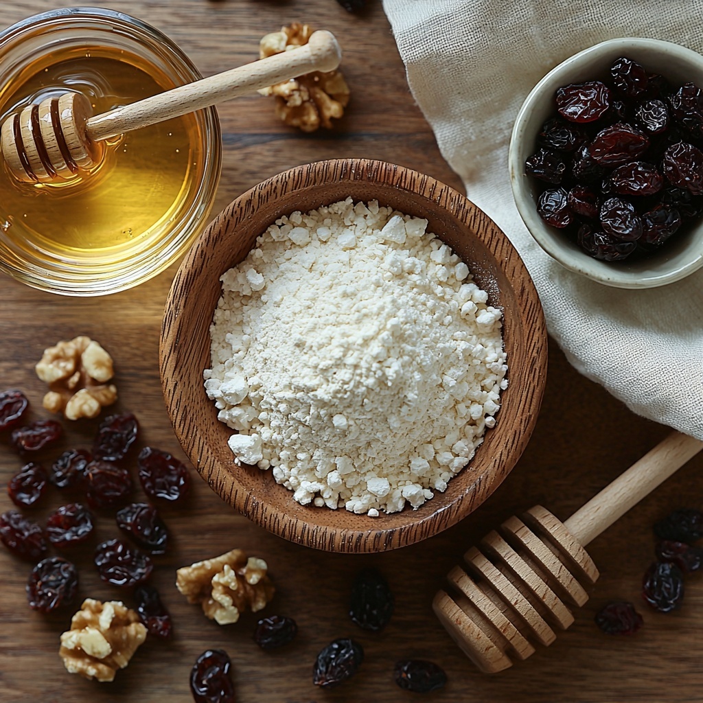 Cups of room-temperature water in a clear glass measuring cup with droplets of condensation, a small wooden bowl holding golden honey with a wooden honey dipper resting inside, a small white dish with fine active dry yeast powder, a neat pile of white bread flour on a rustic linen cloth, a small bowl of coarse kosher salt crystals, a heap of warm brown ground cinnamon powder on a white ceramic plate, a small glass bowl filled with vibrant deep red dried cranberries, a separate bowl with glossy dark brown raisins, a rustic wooden scoop overflowing with chopped walnuts showcasing their textured ivory and brown surfaces. All ingredients are arranged thoughtfully on a clean, light natural wood surface with soft natural lighting creating gentle shadows and highlighting the rich colors and varied textures. Minimal props – natural linen napkins and simple ceramic dishes – enhance the artisan, wholesome vibe. Overhead shot, top down view, flat lay photography, professional food styling --ar 1:1 --q 2 --s 750 --v 6.1