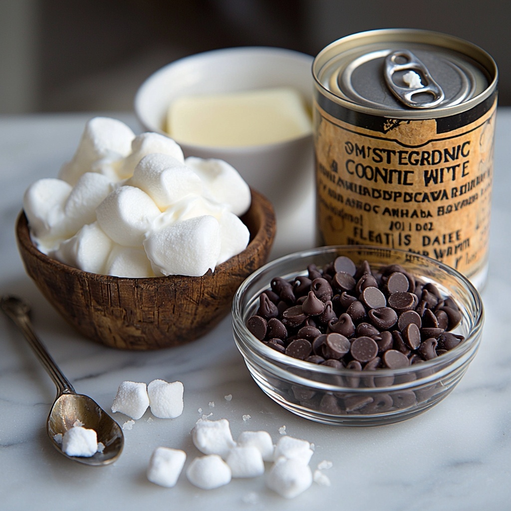 A clean white marble surface with all ingredients neatly arranged in a harmonious flat lay: a small clear glass bowl filled with glossy, dark semi-sweet chocolate chips, a shiny can of sweetened condensed milk with a partial label visible, a rustic small wooden bowl holding soft, creamy white marshmallow fluff, a smooth white porcelain dish containing melted unsalted butter in golden yellow hues, a tiny vintage silver spoon with a teaspoon of pure vanilla extract resting beside a small heap of fine white salt crystals on the surface. The textures highlight the glossy chocolate, silky condensed milk, fluffy marshmallow cream, and creamy butter. Soft natural daylight from the side casts gentle shadows, enhancing depth with minimalist styling—no clutter, just the ingredients showcased with subtle greenery or linen napkin in the corner for warmth. Overhead shot, top down view, flat lay photography, professional food styling --ar 1:1 --q 2 --s 750 --v 6.1