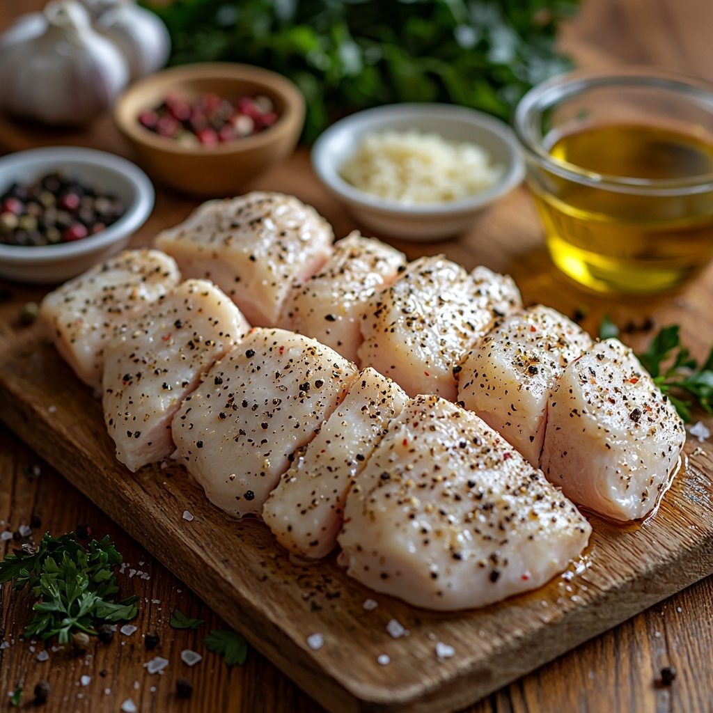 4 boneless, skinless chicken breasts, seasoned with salt, pepper, and Italian seasoning, arranged neatly on a rustic white ceramic plate; small bowls containing coarse salt and cracked black pepper; a small glass dish of golden olive oil with glistening highlights; a mound of finely grated Parmesan cheese with crumbly texture on a wooden board; a cluster of fresh garlic cloves, with four minced garlic pieces displayed on a small white dish; a clear glass measuring cup filled with rich, creamy heavy cream showing smooth texture; a small transparent bowl with pale golden chicken broth; dried thyme and garlic powder in tiny white porcelain spoons, their fine textures visible; a handful of freshly chopped vibrant green parsley leaves scattered elegantly nearby; all placed on a clean, light natural wood surface with soft natural light casting gentle shadows, minimalistic styling to emphasize fresh ingredients and textures, bright and airy mood, overhead shot, top down view, flat lay photography, professional food styling --ar 1:1 --q 2 --s 750 --v 6.1