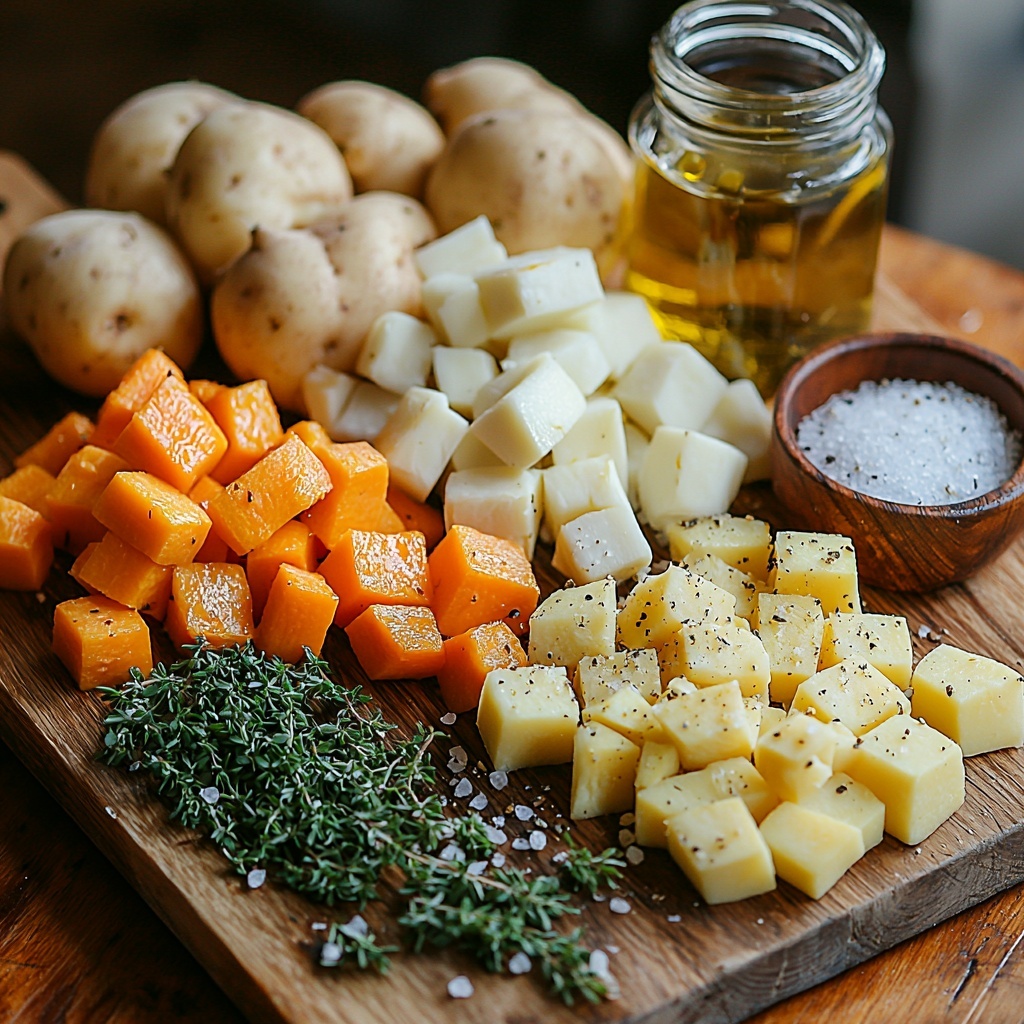 diced bright orange carrots, pale yellow parsnips, vibrant orange sweet potatoes, creamy white diced potatoes, a whole golden brown onion chopped, several peeled garlic cloves minced, a small bowl of rich white coconut milk, a glass jar of golden olive oil, coarse salt crystals, cracked black peppercorns scattered, fresh green herbs like parsley and thyme sprigs, all meticulously arranged on a clean light wooden surface with natural soft lighting highlighting the varied textures and earthy colors, rustic yet elegant food styling with subtle shadows and negative space creating balance, overhead shot, top down view, flat lay photography, professional food styling --ar 1:1 --q 2 --s 750 --v 6.1
