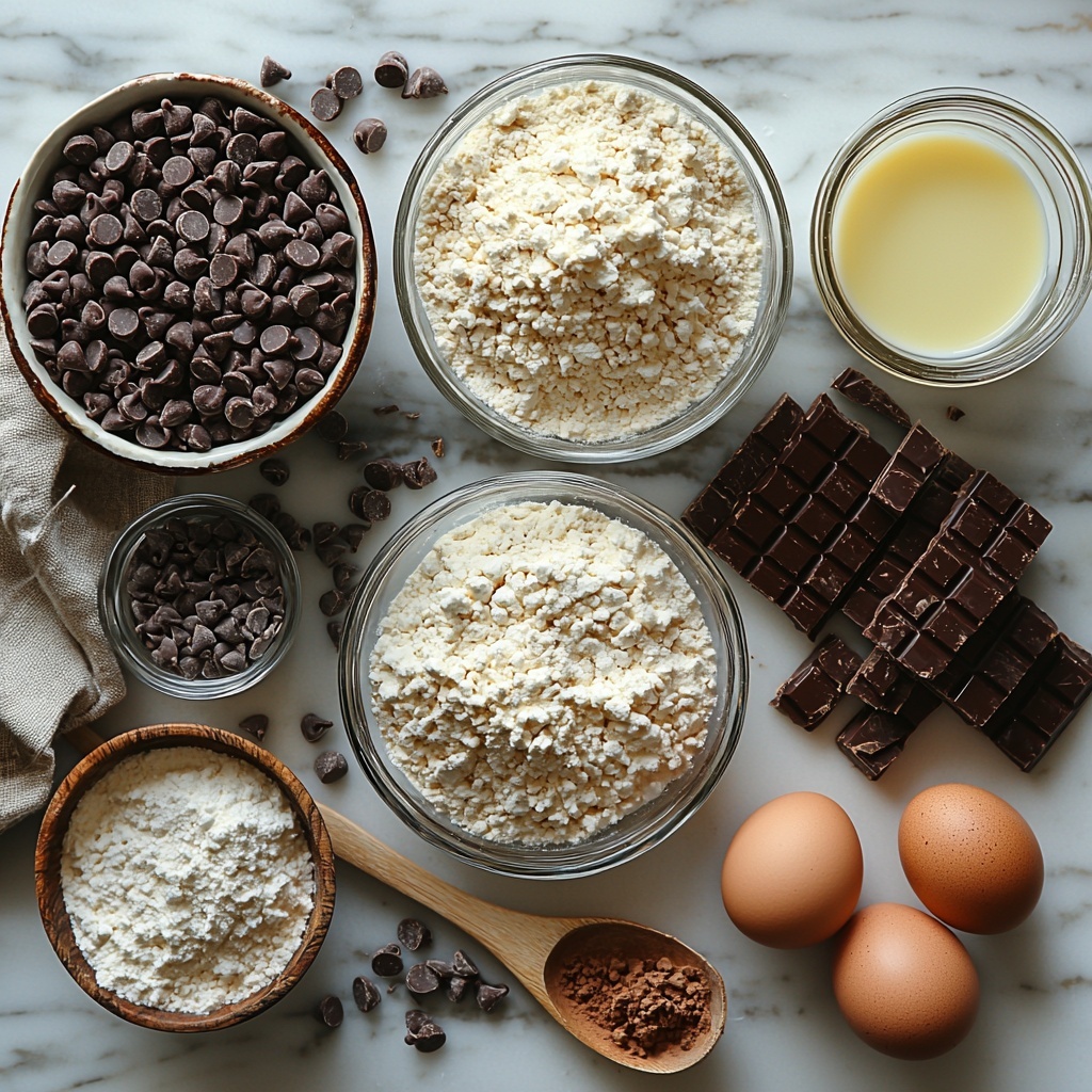 Chocolate cake doughnuts ingredients arranged on a clean white marble surface: a small glass bowl of all-purpose flour with fine white powder texture, a clear bowl of granulated sugar sparkling under soft light, a small dish of deep brown unsweetened cocoa powder with velvety texture, teaspoon spoons holding baking powder, baking soda, and salt with fine powders, a glass measuring cup filled with creamy white buttermilk, a large brown egg with smooth shell, a small ramekin with melted golden butter glistening, a tiny bowl of amber vanilla extract, a small bowl of mini semi-sweet chocolate chips shimmering, next to a clear glass bowl with shiny semisweet chocolate chips, a small dish of butter cubes, a dropper or small jar of golden corn syrup or honey, a tiny jug of milk with creamy texture. Ingredients spaced evenly with subtle shadows, soft natural light highlighting textures and colors, styled with a wooden spoon and a neutral linen napkin nearby, minimalistic and inviting layout, clean and bright atmosphere, warm tones enhancing chocolaty richness, overhead shot, top down view, flat lay photography, professional food styling --ar 1:1 --q 2 --s 750 --v 6.1