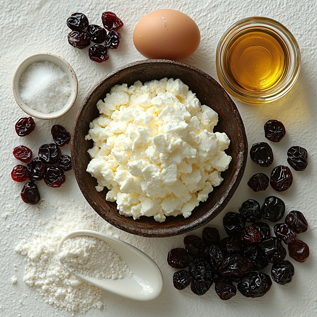 farmers cheese in a rustic ceramic bowl, two fresh eggs with smooth brown shells, small glass bowl of vanilla extract with dark amber liquid, white all purpose flour spilled slightly on the clean white surface, a small pile of fine sugar glistening softly, a tiny heap of baking powder in a white porcelain spoon, a pinch of salt crystals next to it, vibrant red dried cherries scattered loosely, a clear glass measuring cup filled halfway with golden avocado oil showing light reflections, all ingredients thoughtfully spaced and arranged on a pristine white textured background, natural soft daylight from the side creating gentle shadows, minimalist styling with a focus on color contrast and textures, clean and airy aesthetic, emphasis on freshness and simplicity, overhead shot, top down view, flat lay photography, professional food styling --ar 1:1 --q 2 --s 750 --v 6.1