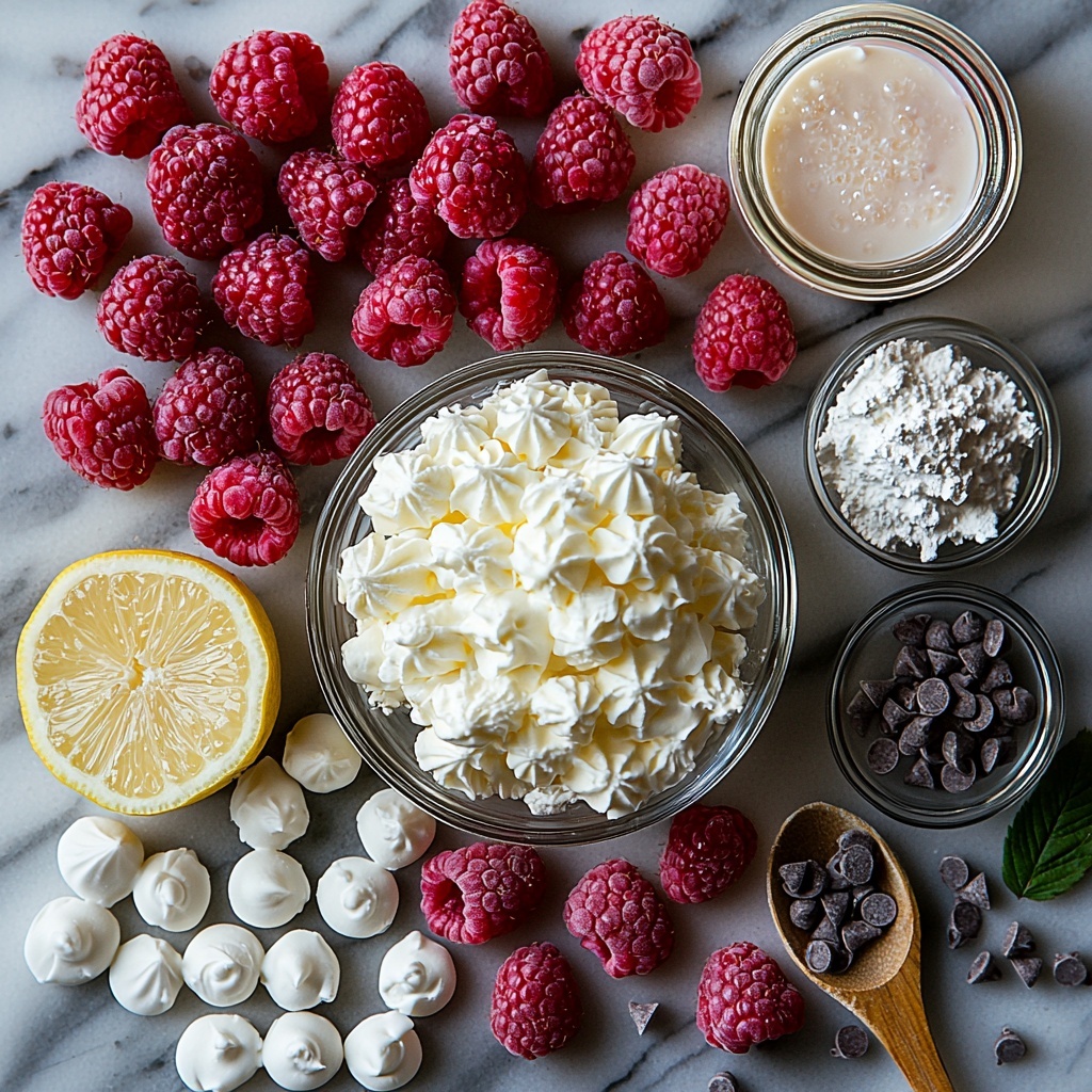 Fresh raspberries, granulated sugar in a small glass bowl, fresh lemon with a slice cut, powdered gelatin in a white ceramic dish, cold water in a clear glass bowl, heavy whipping cream in a chilled metal bowl, white chocolate chips scattered neatly, sweetened condensed milk in a small jar, granulated sugar in a wooden spoon, clear water in a glass measuring cup, pink and red gel food coloring tubes, all ingredients carefully arranged on a clean white marble surface with soft natural light casting gentle shadows, the textures contrasting between the bright red raspberries, smooth glossy white chocolate chips, and powdery gelatin, styled with a few raspberry leaves and a vintage silver spoon nearby for balance, minimalistic and airy composition emphasizing freshness and color harmony, overhead shot, top down view, flat lay photography, professional food styling --ar 1:1 --q 2 --s 750 --v 6.1