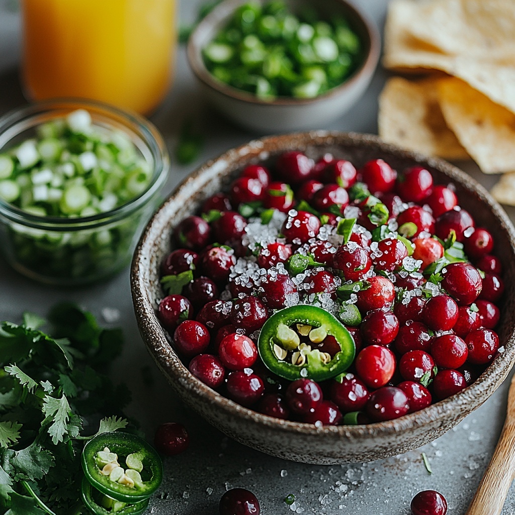 fresh cranberries in a small rustic bowl with vibrant red color and glossy texture, a glass bowl of sugar crystals sparkling white, two fresh green jalapeños sliced thin with visible seeds removed, chopped bright green cilantro leaves finely placed on a white ceramic dish, thinly sliced green onions with light and dark green hues, a small clear glass dish of freshly squeezed orange juice with vibrant orange color, a matching small glass bowl of freshly squeezed lime juice pale green and translucent, a neat stack of golden Mission Strips Tortilla Chips with crisp texture and slight salt crystals, all ingredients carefully spaced on a clean matte white surface to enhance color contrast and texture, natural soft lighting highlighting freshness and vivid colors, subtle shadows for depth, minimalistic styling with slight rustic elements like wooden spoons and linen napkin edges visible to add warmth, overhead shot, top down view, flat lay photography, professional food styling --ar 1:1 --q 2 --s 750 --v 6.1