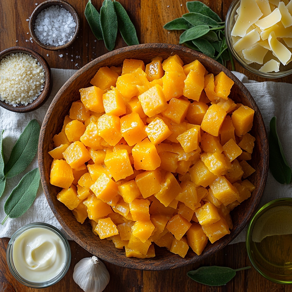 A bright, clean kitchen surface with a neatly arranged flat lay of the main ingredients for creamy butternut squash pasta: vibrant, golden-orange cubed butternut squash piled in a small rustic wooden bowl; glossy, unpeeled garlic cloves clustered beside it; diced pale yellow onion in a small white ceramic dish; fresh sage leaves scattered artfully nearby, some whole and some chopped; a small bunch of vivid green chopped parsley arranged in a delicate heap for garnish; a neat coil of dried pale beige fettuccine pasta resting on a natural linen napkin; a small glass bowl filled with smooth, shiny olive oil reflecting soft light; a measuring cup with creamy off-white heavy cream; a shallow bowl of finely grated, slightly textured Parmesan cheese in pale ivory; a small clear bowl holding translucent golden vegetable broth; a tiny wooden spoon beside a small heap of coarse salt and cracked black pepper; and a pinch of warm brown nutmeg powder dusted lightly on a white ceramic plate. The ingredients are spaced evenly with natural shadows, highlighting their rich colors and varied textures on a crisp white surface. Overhead shot, top down view, flat lay photography, professional food styling --ar 1:1 --q 2 --s 750 --v 6.1