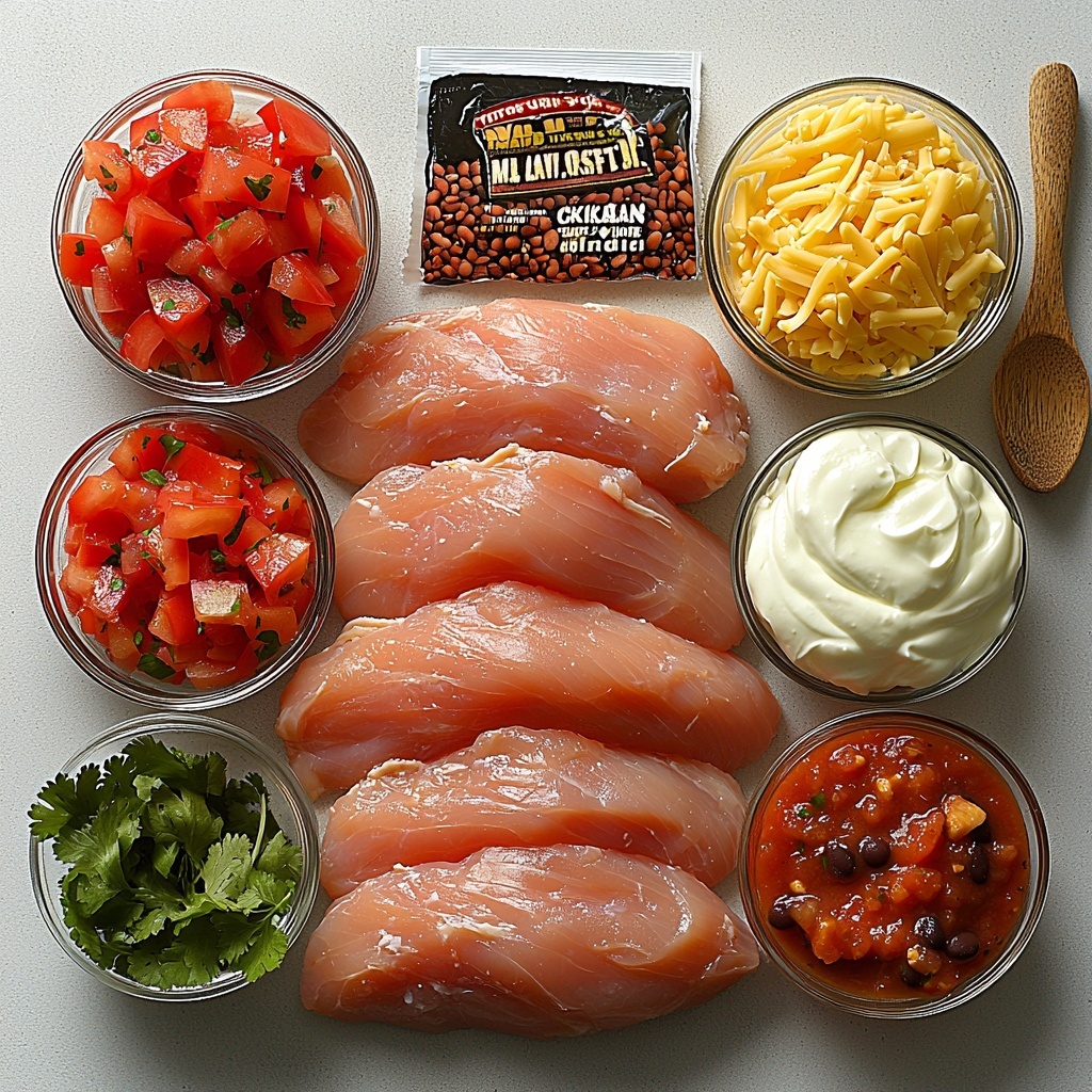 Boneless, skinless chicken breasts raw and slightly seasoned, uncooked long-grain white rice in a small glass bowl, low-sodium chicken broth in a clear measuring cup, black beans rinsed and drained in a white ceramic bowl, bright diced fresh bell peppers showcasing red, yellow, and green pieces scattered neatly, a small packet of taco seasoning unopened with vibrant text, creamy sour cream in a round white ramekin, shredded cheddar and Monterey Jack cheese mixed in a rustic bowl, and chunky red salsa in a small glass jar. All ingredients arranged separately on a clean, matte white surface with natural daylight creating soft shadows and highlighting varied textures—from the smoothness of sour cream to the granular rice and glossy beans. The composition balanced with colorful pops from bell peppers and salsa to draw the eye, minimalistic styling props such as a wooden spoon and a linen napkin loosely folded on the side, subtle sprigs of fresh cilantro for freshness, creating an inviting and organized workspace feel. Overhead shot, top down view, flat lay photography, professional food styling --ar 1:1 --q 2 --s 750 --v 6.1