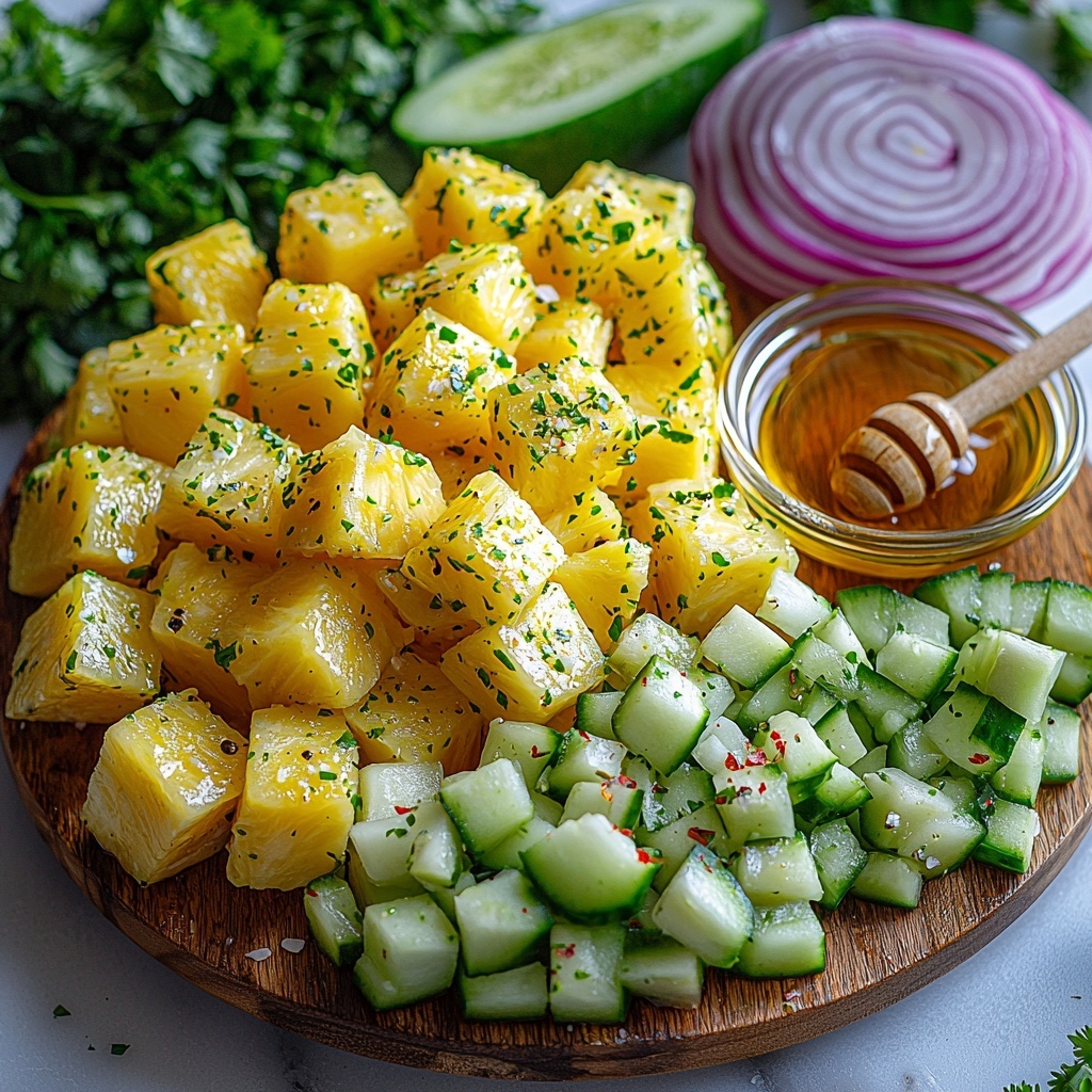 fresh diced pineapple chunks with bright yellow color, diced English cucumber in pale green cubes, thinly sliced translucent red onion rings, vibrant chopped fresh cilantro leaves, thin slices of green jalapeño pepper, small crumbles of white feta cheese, small glass bowl of golden olive oil, wedge of fresh lime with bright green peel, small bowl of honey with amber sheen, sprinkle of red pepper flakes, coarse ground black pepper, and kosher salt flakes scattered subtly around; all ingredients neatly arranged on a clean white surface with soft natural lighting highlighting the freshness and vivid colors, slight texture contrast between juicy pineapple and crisp cucumber, delicate layering of onion and jalapeño slices, accented by rustic wooden serving spoons and minimal shadows for depth; overhead shot, top down view, flat lay photography, professional food styling --ar 1:1 --q 2 --s 750 --v 6.1