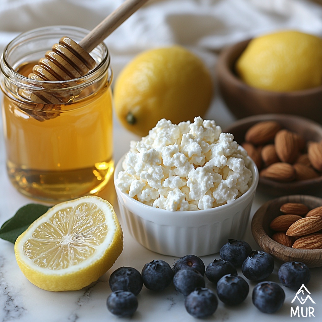 cottage cheese in a small white ceramic bowl showing its creamy, slightly lumpy texture; a small glass jar of golden honey with a wooden honey dipper resting beside it; a tiny clear glass bowl with amber-colored maple syrup as an alternative; a small glass dish containing pale yellow, finely grated lemon zest; a fresh lemon sliced in half with bright yellow juicy interior exposed; a handful of plump, vibrant deep blue fresh blueberries scattered artfully around; a small rustic bowl filled with chopped mixed nuts (almonds and walnuts) showcasing varied textures and warm brown tones; ingredients arranged neatly on a clean white marble surface with natural soft daylight creating subtle shadows and highlights; a few delicate green leaves or a linen napkin partially framing the scene for added warmth and contrast; emphasis on fresh colors, contrasting textures, and inviting composition, overhead shot, top down view, flat lay photography, professional food styling --ar 1:1 --q 2 --s 750 --v 6.1