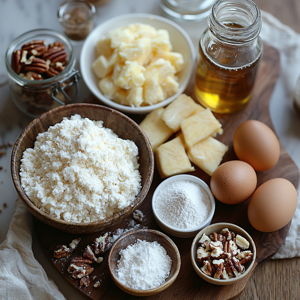 3 cups all-purpose flour in a small rustic ceramic bowl with a wooden spoon nearby, 2 cups granulated sugar in a glass measuring cup catching the light, 2 teaspoons baking powder and ½ teaspoon baking soda in small white porcelain spoons, 1 teaspoon kosher salt in a tiny ramekin, ½ teaspoon ground cinnamon in a delicate spice jar, 2 cups mashed ripe bananas displayed on a white plate showing creamy texture, an opened 8oz can of crushed pineapple with juice visible, 1 cup vegetable oil in a clear glass jar reflecting soft light, 3 large eggs with smooth brown shells arranged in a row, ½ cup shredded coconut in a small bowl highlighting fluffy texture, 2 teaspoons vanilla extract in a small amber bottle, 4 ounces softened cream cheese on a wooden board with a butter knife, ¼ cup unsalted butter at room temperature on parchment paper, ¼ cup caramel sauce in a small glass dish showing rich glossy texture, ¼ teaspoon kosher salt in a tiny dish, 3 cups powdered sugar in a white bowl with a fine dusting around it, ¼ cup pecan pieces scattered artistically around the scene. All ingredients arranged neatly on a clean light wooden surface with soft natural light, subtle shadows, delicate linen cloth partially visible, warm and inviting color palette, focus on contrasting textures and vibrant natural tones, overhead shot, top down view, flat lay photography, professional food styling --ar 1:1 --q 2 --s 750 --v 6.1