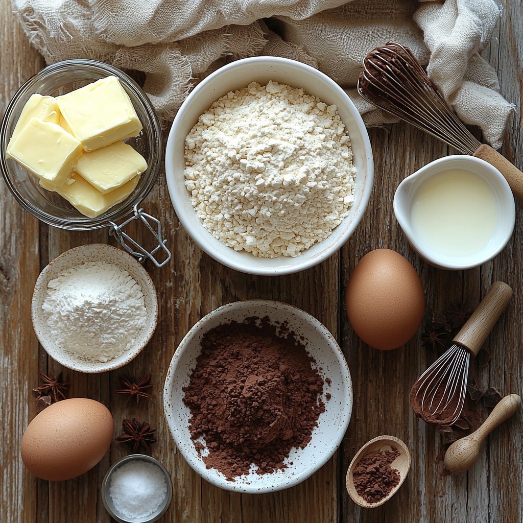 all-purpose flour in a small white ceramic bowl, granulated sugar in a clear glass jar, rich dark cocoa powder in a rustic wooden scoop, softened butter shaped into a smooth pat on a small white plate, two large brown eggs placed side by side, a simple glass measuring cup with creamy milk, a small white dish containing baking powder, a tiny clear bowl with vanilla extract, and a pinch of salt in a delicate porcelain spoon, all neatly arranged on a clean, light wooden surface with natural soft lighting casting gentle shadows, subtle textures of the ingredients visible, styled with minimalistic kitchen tools like a whisk and linen napkin nearby for warmth and authenticity, fresh and inviting color palette dominated by warm browns, creamy whites, and soft neutrals, overhead shot, top down view, flat lay photography, professional food styling --ar 1:1 --q 2 --s 750 --v 6.1