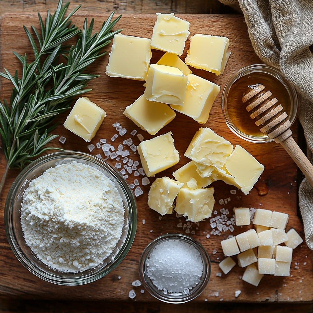 Softened unsalted butter in a small glass bowl, smooth and creamy pale yellow; granulated sugar in a clear measuring cup, sparkling white crystals; all-purpose flour in a rustic ceramic bowl, fine and powdery off-white; fresh rosemary sprigs and a small pile of finely chopped vibrant green leaves arranged neatly on a wooden cutting board; a small heap of flaky sea salt with delicate, translucent crystals on a white porcelain dish; a small glass jar of golden vanilla extract with a wooden honey dipper resting nearby; all ingredients carefully spaced on a clean, light wood surface with soft natural daylight casting gentle shadows, textured linen napkin folded casually to one side, subtle props like a vintage silver teaspoon and fresh rosemary sprig scattered for depth, warm and inviting color palette highlighting natural tones and textures, overhead shot, top down view, flat lay photography, professional food styling --ar 1:1 --q 2 --s 750 --v 6.1