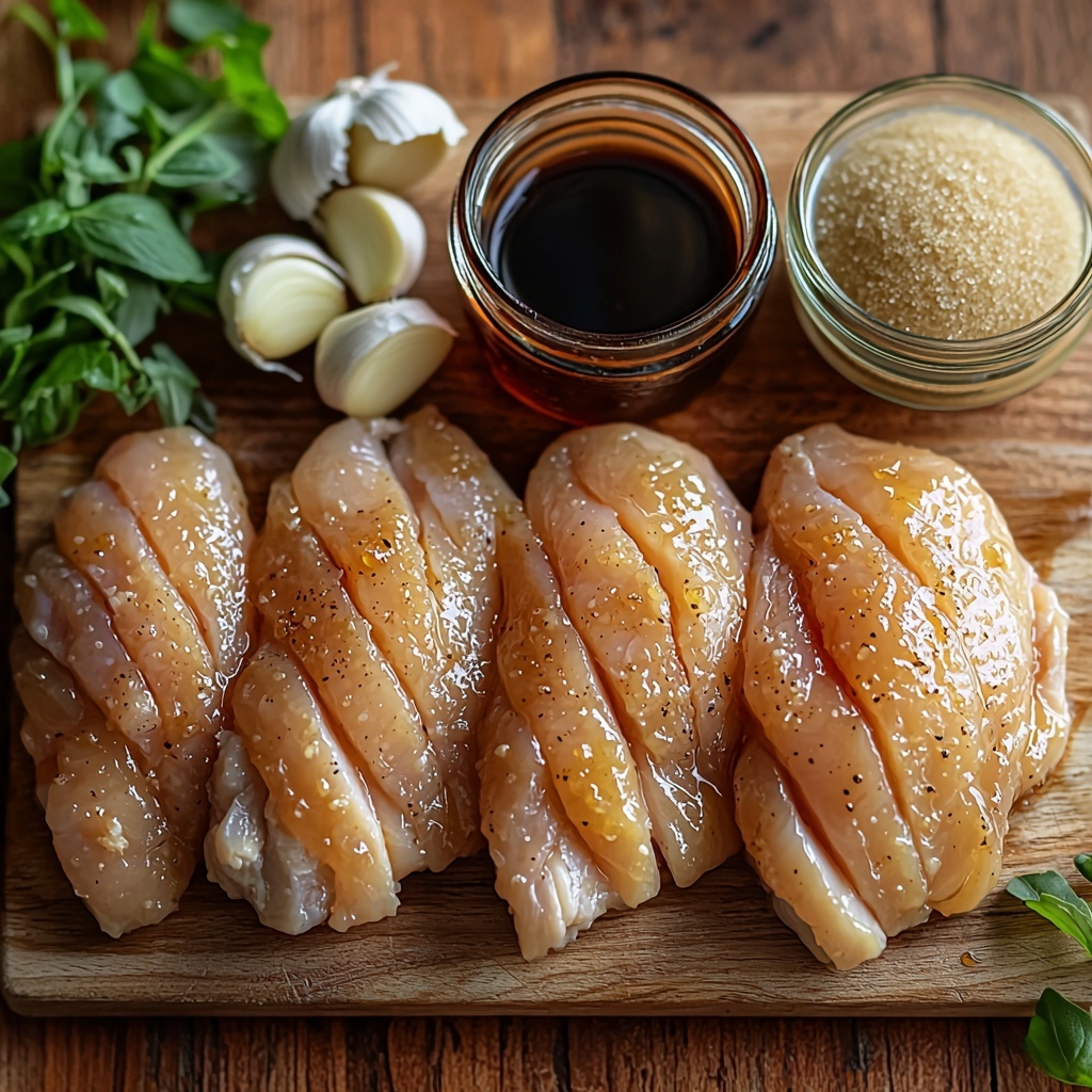 4 boneless, skinless chicken breasts arranged neatly on a clean, light wooden surface, next to a small bowl of minced fresh garlic cloves with visible texture, a rustic glass jar filled with low-sodium soy sauce showing deep brown color and glossy surface, a clear measuring cup containing golden amber honey with thick, smooth consistency, a small dish holding dark, rich balsamic vinegar with a slightly reflective surface, and a small bowl of moist brown sugar granules with a slightly crumbly texture. Each ingredient spaced evenly and styled naturally with soft, diffused natural light highlighting the varied textures and warm, earthy tones. Subtle shadows add depth, with a few sprigs of fresh herbs scattered gently for color contrast. All elements arranged symmetrically for a balanced and visually appealing composition. overhead shot, top down view, flat lay photography, professional food styling --ar 1:1 --q 2 --s 750 --v 6.1