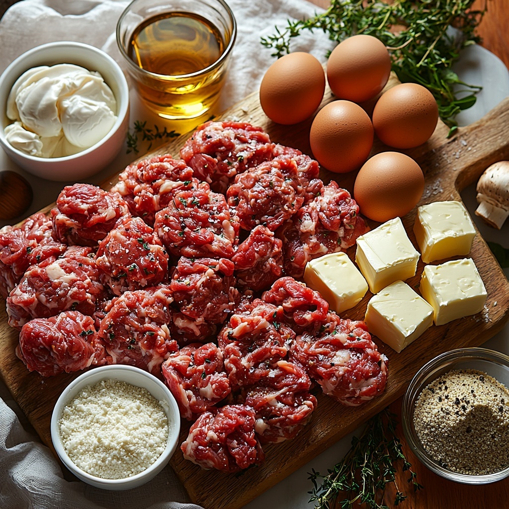 Italian breadcrumbs in a small rustic bowl, half-and-half in a glass measuring cup, raw ground beef and ground pork shaped into loose mounds on parchment paper, a whole cracked egg in a clear dish with a fork nearby, freshly minced garlic cloves glistening on a wooden board, scattered Italian herbs—dried oregano, parsley, thyme—in small white ceramic spoons, coarse salt and black pepper grains sprinkled loosely, a small wedge of parmesan cheese with some shavings beside it, a cluster of baby bella and white button mushrooms with their earthy brown and cream caps visible, a small bowl of dry white wine with light golden hues, a few sticks of butter partly unwrapped on parchment, a glass measuring cup with beef broth and chicken broth side by side showing their rich brown and amber tones, a single beef bouillon cube placed neatly, tiny spoons holding Worcestershire sauce and Dijon mustard with their deep reddish-brown and mustard yellow colors, a scattering of flour on a dark slate background adding texture, a small mound of dry egg noodles with their pale yellow twisted shapes. All ingredients arranged thoughtfully on a clean, neutral-toned surface with natural light casting soft shadows, styled with rustic wooden and ceramic props, a few fresh parsley sprigs for a pop of green, conveying warmth and an inviting rustic kitchen vibe. Overhead shot, top down view, flat lay photography, professional food styling --ar 1:1 --q 2 --s 750 --v 6.1