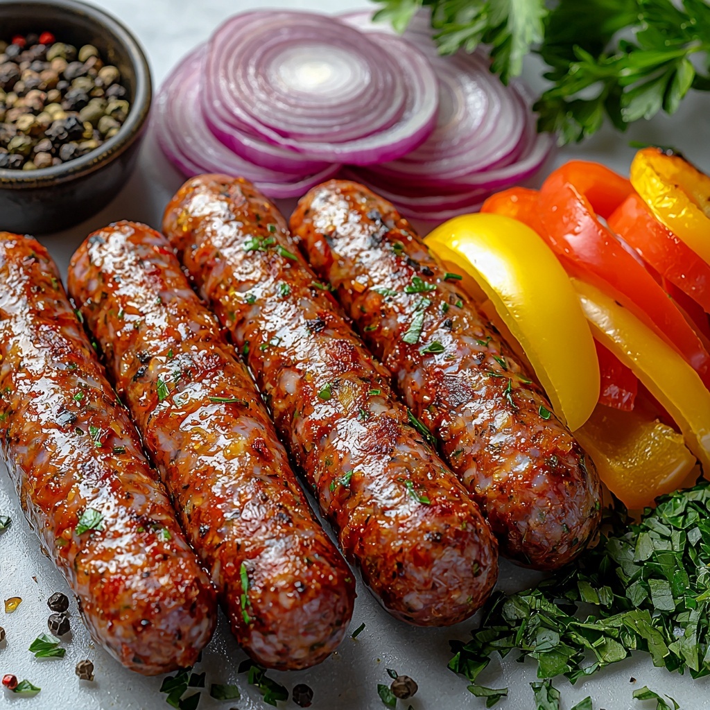 Italian sausage links arranged in a neat row with their textured, browned casing visible, surrounded by slices of vibrant red, yellow, and green bell peppers showcasing their glossy, crisp surfaces, alongside thinly sliced rings of deep purple red onion with translucent layers. Small rustic bowls hold golden olive oil, a mix of dried Italian seasoning herbs, and coarse black pepper and garlic powder sprinkled artfully nearby. A scattering of fresh chopped parsley adds bright green color contrast. All ingredients are spread evenly on a clean white matte surface with soft natural lighting enhancing the rich colors and textures, subtle shadows creating depth. Minimal props, warm and inviting styling emphasizing freshness and simplicity. overhead shot, top down view, flat lay photography, professional food styling --ar 1:1 --q 2 --s 750 --v 6.1