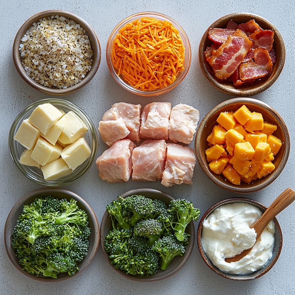 A clean, bright white surface with a neat flat lay arrangement of the main ingredients for a Keto Chicken Bacon Ranch Casserole: golden olive oil in a small glass bowl catching the light; bite-sized raw chicken breast cubes pale pink and fresh; coarse salt scattered lightly nearby; vibrant green broccoli florets with varied textures; crispy, browned bacon pieces arranged in a small rustic bowl; shredded sharp cheddar cheese in a small mound with its rich orange color; soft white shredded mozzarella cheese placed beside the cheddar; a smooth, creamy dollop of softened cream cheese in a white ramekin; and a small wooden spoon with a heap of pale ranch seasoning powder. The ingredients spaced evenly, highlighting contrasting colors and textures—glossy, chunky, creamy, and crumbly—accented by soft natural light casting gentle shadows to enhance depth. Minimal props, clean modern styling emphasizing freshness and simplicity. Overhead shot, top down view, flat lay photography, professional food styling --ar 1:1 --q 2 --s 750 --v 6.1
