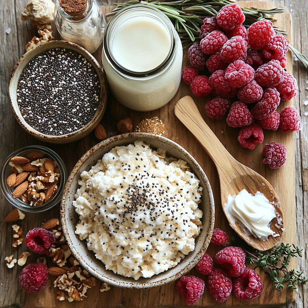 Steel cut oats in a small rustic ceramic bowl, raw and textured with a warm beige tone; a wooden scoop with chia seeds spilling softly next to it, tiny black and white seeds creating delicate patterns; a small glass jar of ground cinnamon with a warm reddish-brown powder artfully sprinkled nearby; a pinch of coarse sea salt crystals on a white porcelain spoon; a clear glass pitcher of creamy almond milk, smooth and pale, with soft natural reflections; a small bottle of golden vanilla extract with a cork stopper; a pile of vibrant frozen raspberries, deep red with frosty white edges, arranged organically to showcase their texture and color; optional toppings thoughtfully placed around — a drizzle of glossy amber maple syrup in a small ceramic dish, a dollop of creamy white Greek yogurt in a textured bowl, swirls of rich nut butter on a wooden board, and a scattering of mixed nuts and seeds adding contrast with varying shapes and earth tones; the ingredients spread out evenly on a clean, light wooden surface that emphasizes natural textures; soft, diffused natural light casting gentle shadows, enhancing the colors and textures without harsh highlights; minimal, elegant styling with neutral linen napkin accents and delicate greenery for freshness — overhead shot, top down view, flat lay photography, professional food styling --ar 1:1 --q 2 --s 750 --v 6.1