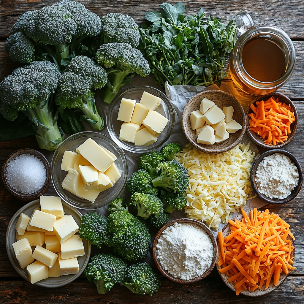 A clean, light wooden surface with all main ingredients for smoked gouda broccoli soup neatly arranged in a visually balanced flat lay: a small glass bowl of creamy unsalted butter, a medium diced yellow onion with some pieces scattered, two garlic cloves—one whole and one minced on a tiny white ceramic dish, a small pile of white all-purpose flour on parchment paper, a rustic measuring cup filled with golden vegetable broth, a glass jar partially filled with whole milk, small bowls containing coarse salt, vibrant red paprika powder, and freshly ground black pepper, a large head of bright green broccoli florets spread out loosely, a pile of freshly grated orange smoked gouda cheese next to a large heaping mound of freshly grated bright orange carrot, all ingredients showing rich textures and vibrant natural colors, styled with minimal shadows and soft natural lighting to highlight freshness and variety, clean edges, slight rustic casual arrangement with an inviting, appetizing look, accentuated textures of cheese shreds, florets, and grated carrot visible, overhead shot, top down view, flat lay photography, professional food styling --ar 1:1 --q 2 --s 750 --v 6.1