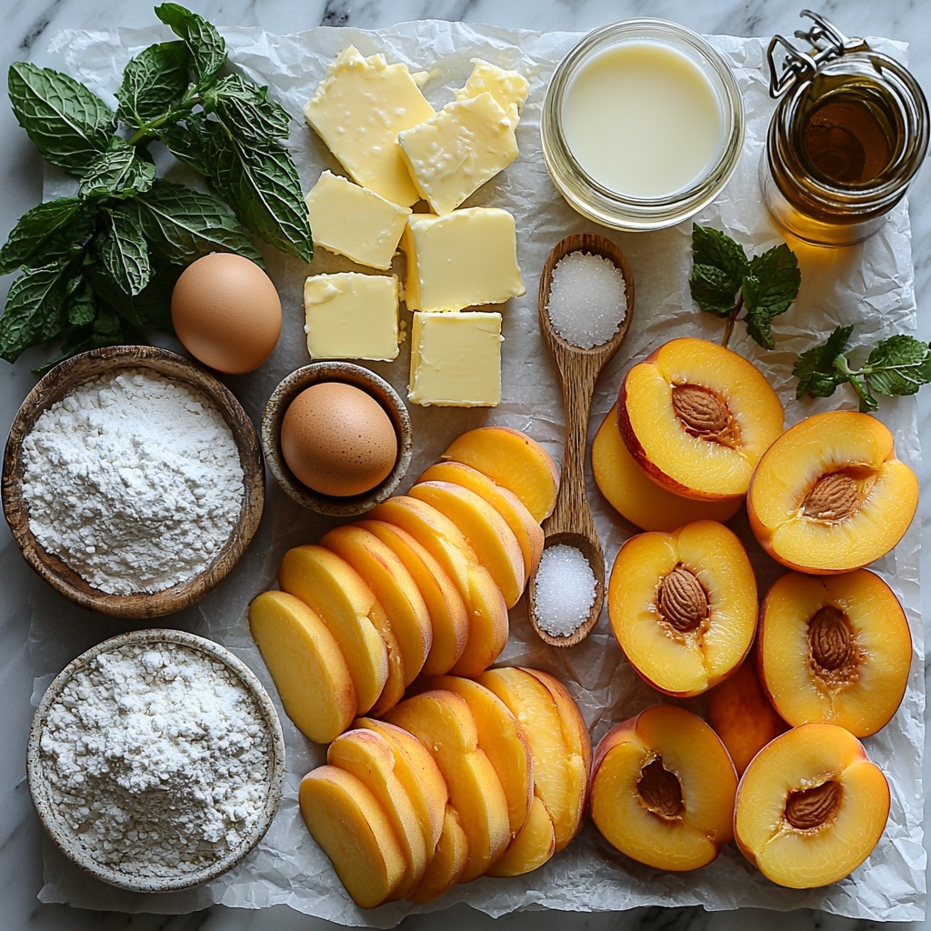 ripe peaches sliced with vibrant orange and soft yellow hues, a small glass bowl of melted golden unsalted butter, a rustic wooden spoon with coarse brown sugar crystals, a neat pile of all-purpose flour with powdery white texture on parchment paper, a small white ramekin filled with baking powder, a tiny bowl of fine salt crystals, a glass cup holding sparkling granulated sugar, two large fresh eggs with smooth brown shells, a vintage measuring cup containing creamy whole milk, a small bottle of amber vanilla extract with a cork stopper; all ingredients carefully arranged in a balanced circular composition on a clean white marble surface with natural soft light casting gentle shadows, subtle highlights enhancing the textures, minimalistic styling with a few green mint leaves and a linen napkin for contrast, crisp sharp focus with shallow depth of field emphasizing ingredient details, overhead shot, top down view, flat lay photography, professional food styling --ar 1:1 --q 2 --s 750 --v 6.1