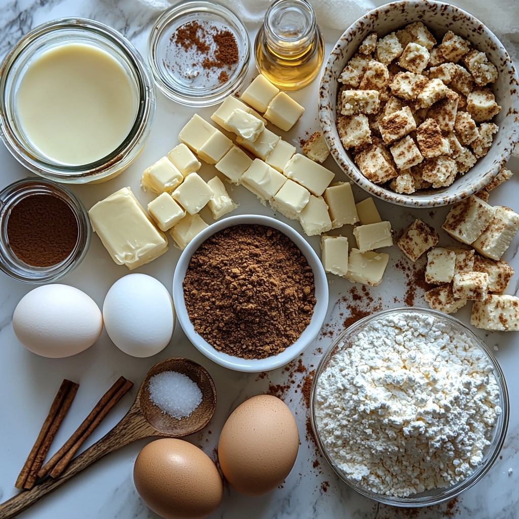 A clean, bright white surface arranged with all main ingredients for a cinnamon roll cheesecake recipe in a harmonious flat lay composition. Include a small white bowl filled with golden graham cracker crumbs next to a wooden spoon dusted with brown sugar and a small heap of rich, dark brown ground cinnamon. Nearby, a small clear glass dish contains melted golden butter, casting a soft shine. A rustic ceramic bowl holds fluffy cream cheese blocks, their creamy white texture smooth and inviting. Next to it, a neat pile of white granulated sugar and a small mound of powdery powdered sugar add contrast. Include a vintage glass bowl with light brown sour cream, glossy and smooth, alongside fresh whole eggs with warm brown shells. A slender glass bottle of vanilla extract with amber liquid sits close by. Scatter a small amount of cinnamon sticks and a teaspoon with fine cinnamon powder for texture. Arrange all elements with thoughtful spacing and natural light highlighting the varied textures: crumbly, creamy, granular, and smooth. The color palette balances warm browns, creamy whites, and soft yellows. The overall styling is minimalist and elegant with a cozy, inviting atmosphere. Overhead shot, top down view, flat lay photography, professional food styling --ar 1:1 --q 2 --s 750 --v 6.1