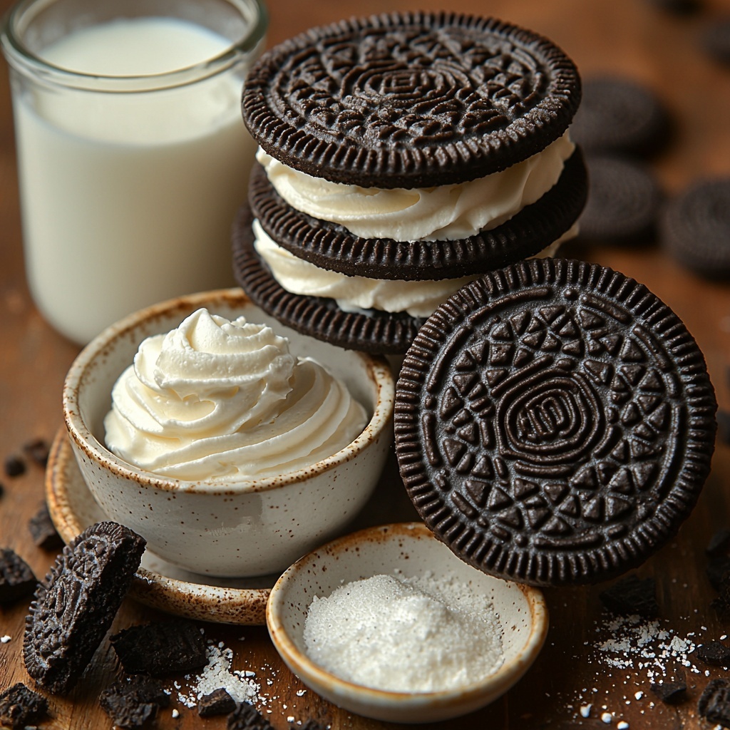 Oreo cookies with cream filling separated and neatly placed, three Oreo cookie halves stacked showing dark chocolate cookies and white cream, small bowl with reserved smooth white Oreo cream filling, clear glass measuring cup with creamy white milk, small white dish holding granulated white sugar, a dollop of fluffy white whipped cream on a small rustic plate, scattered Oreo cookie crumbles with dark chocolate texture sprinkled artfully around the scene; all ingredients arranged symmetrically on a clean light wood surface with natural soft lighting emphasizing textures and rich contrast of dark cookies against creamy whites, minimalist styling with neutral tones enhancing the deep browns and whites, subtle shadows adding depth and inviting warmth, overhead shot, top down view, flat lay photography, professional food styling --ar 1:1 --q 2 --s 750 --v 6.1